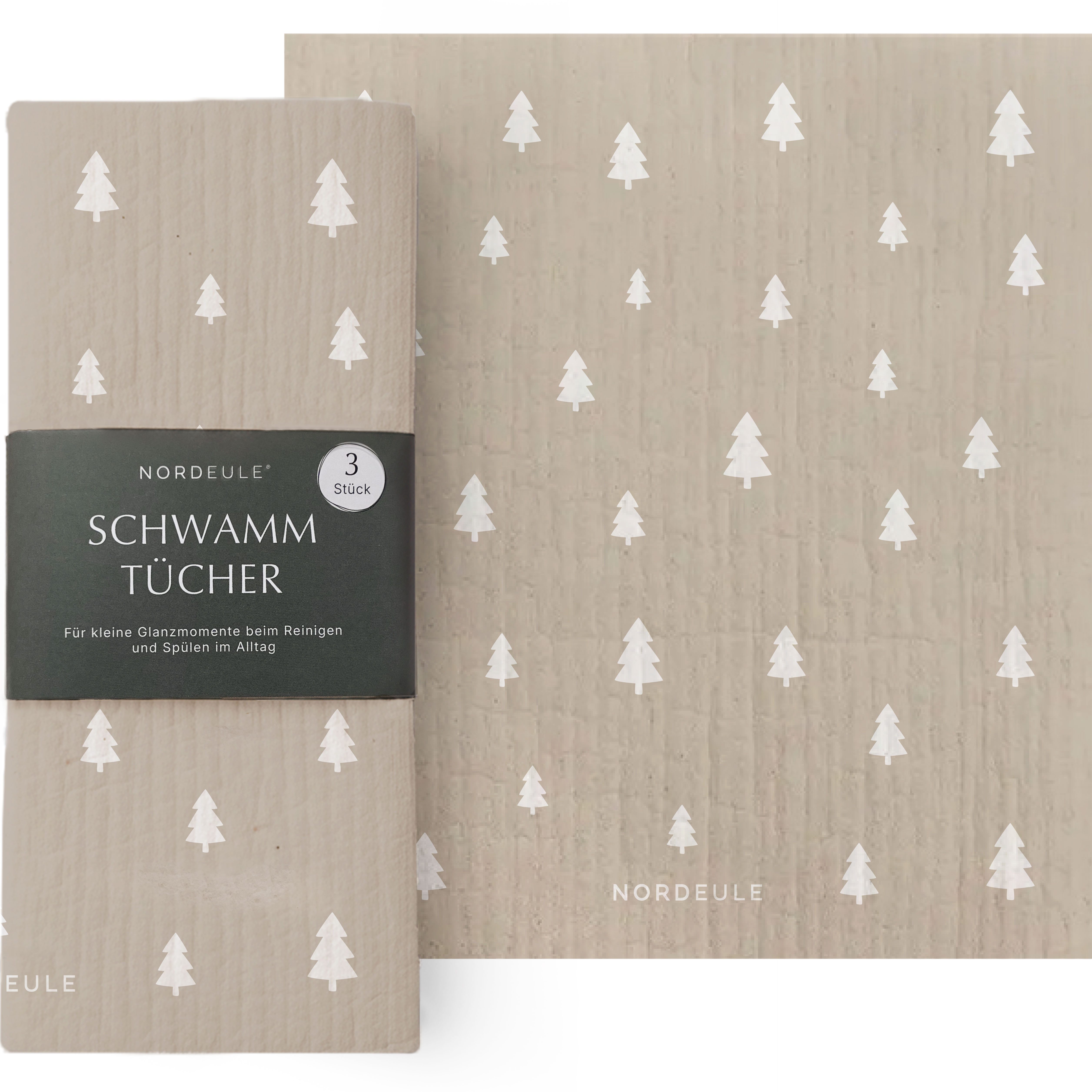 NORDEULE Tannen Beige, Weihnachtliches Muster Reinigungstuch (70% Holz-Zellulose, 30% Baumwolle, Set, 3-tlg., für Glanzmomente im Alltag oder als Weihnachtsgeschenk)