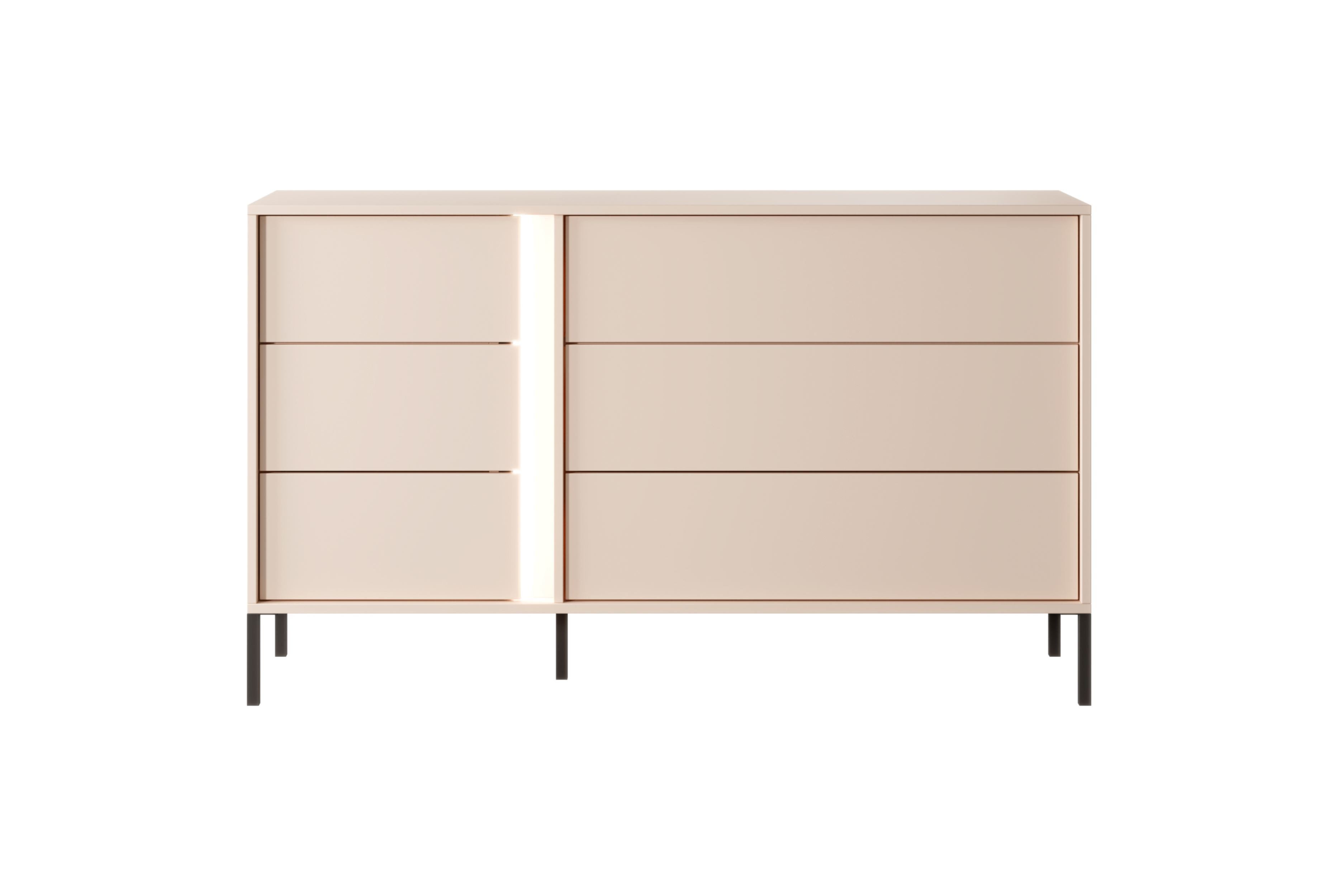 Furnix Kommode DASTI 1386S Kombikommode mit schwarzen Metallfüßen LED Sideboard Beige, 6 Schubladen, Push-to-open, 137,3x81,4x39,5 cm