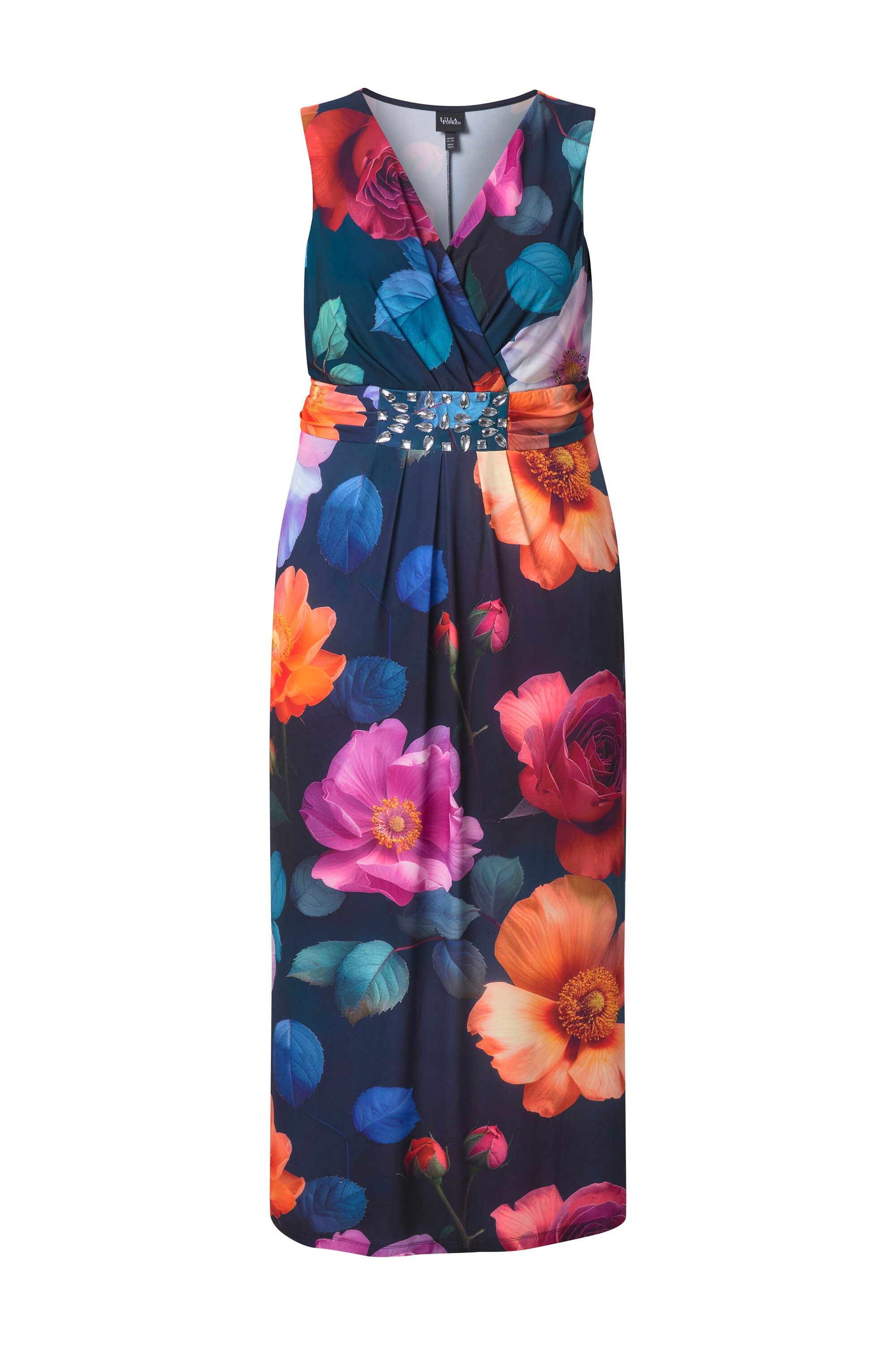 Ulla Popken Cocktailkleid Maxikleid Blüten A-Linie V-Ausschnitt ärmellos