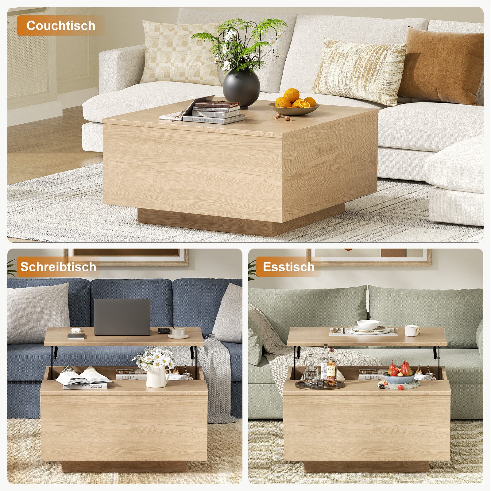 FABATO Couchtisch eckig, höhenverstellbar mit verstecktem Staufach, Landhaus-Design (1-St), mit einem sanften Hebe-Mechanismus, natur