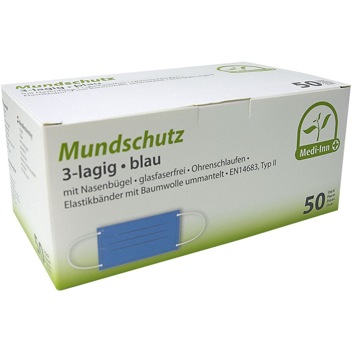 Medi-Inn Medizinischer Mund-Nasen-Schutz Mundschutz 3-lagig blau, 50-St., 3-lagig, mit Metallnasenbügel