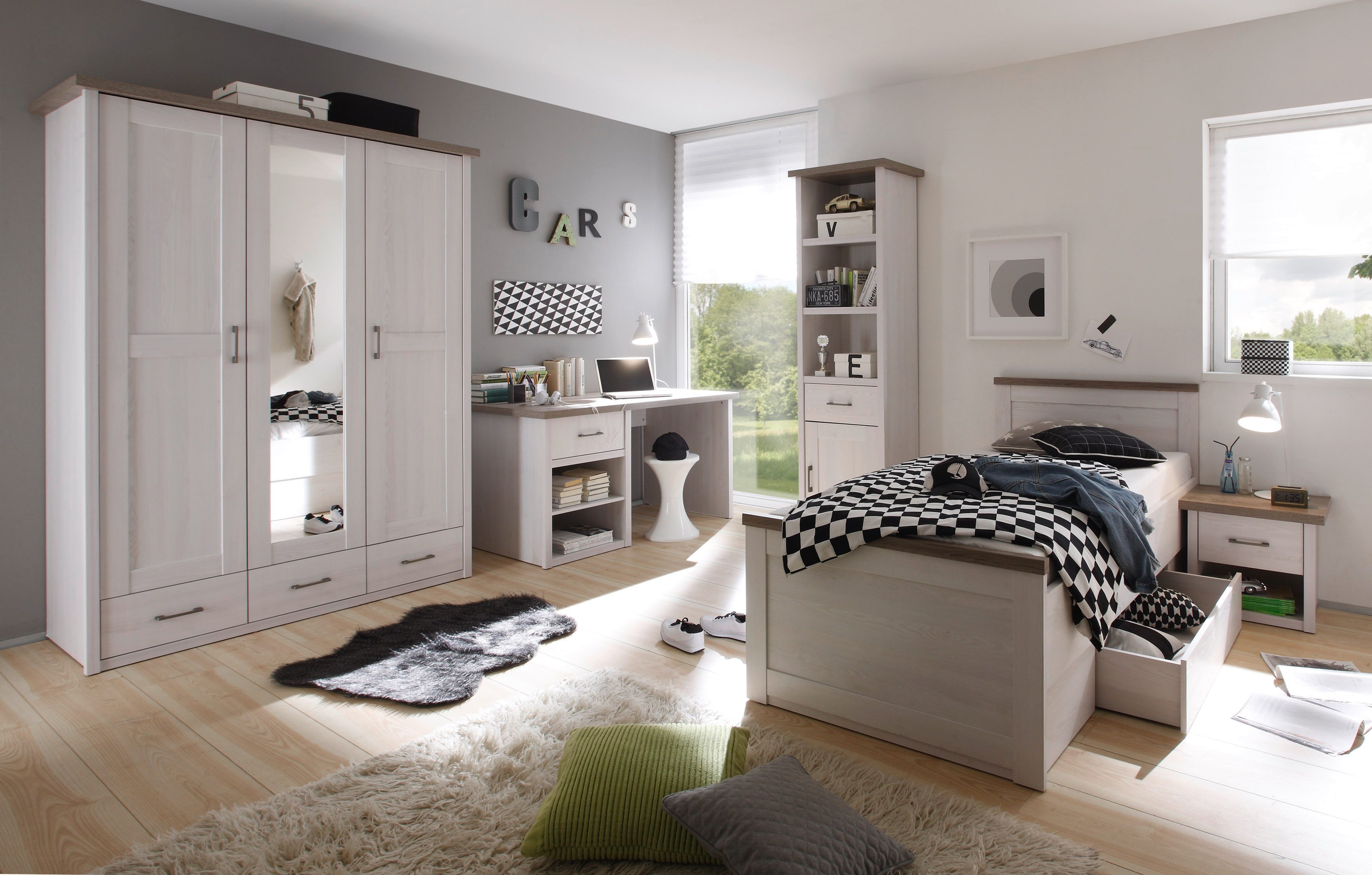 möbel-direkt.de Jugendzimmer-Set Jugendzimmer Luca in Pinie Weiß und Trüffel, (Komplett Set, 5-tlg., 7 TEILE), Kleiderschrank mit Spiegeltür