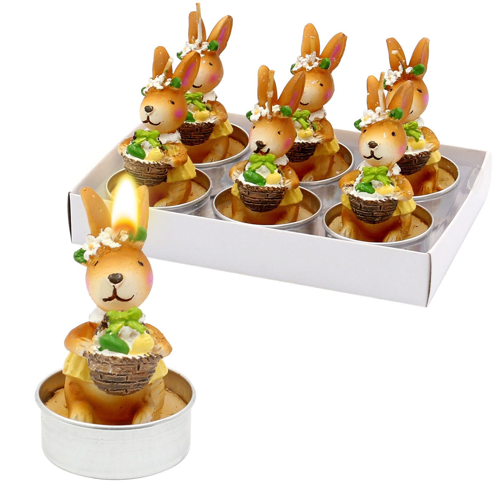 Dekohelden24 Teelicht Dekohelden24 - Oster-Teelichte - Teelicht-Kerze als Osterhase mit Korb, im 6er Set, Braun, Maße je Teelicht ca. 4,5 x 6 cm.