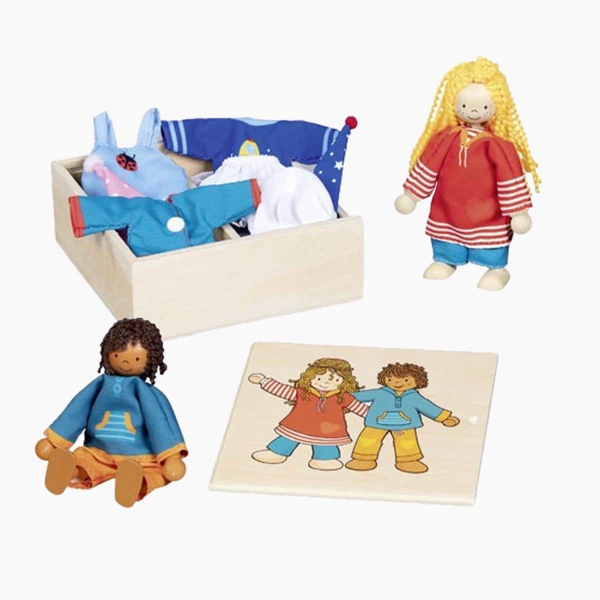 goki Biegepuppe Biegepuppen Fynja & Fabio, Klamottenkiste, 6 Outfits (Packung, 20-tlg., set packung), Kreatives Verkleidungsspiel für Kinder
