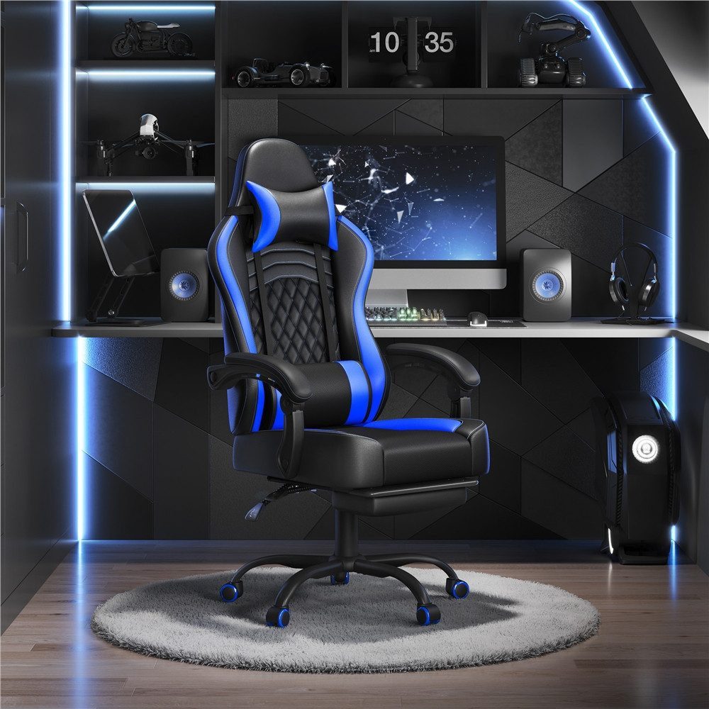 Yaheetech Gaming-Stuhl mit Massagefunktion & Kopfstütze & Fußstütze Ergonomischer PC-Stuhl, höhenverstellbarer Drehstuhl Computerstuhl Verstellbare Rückenlehne