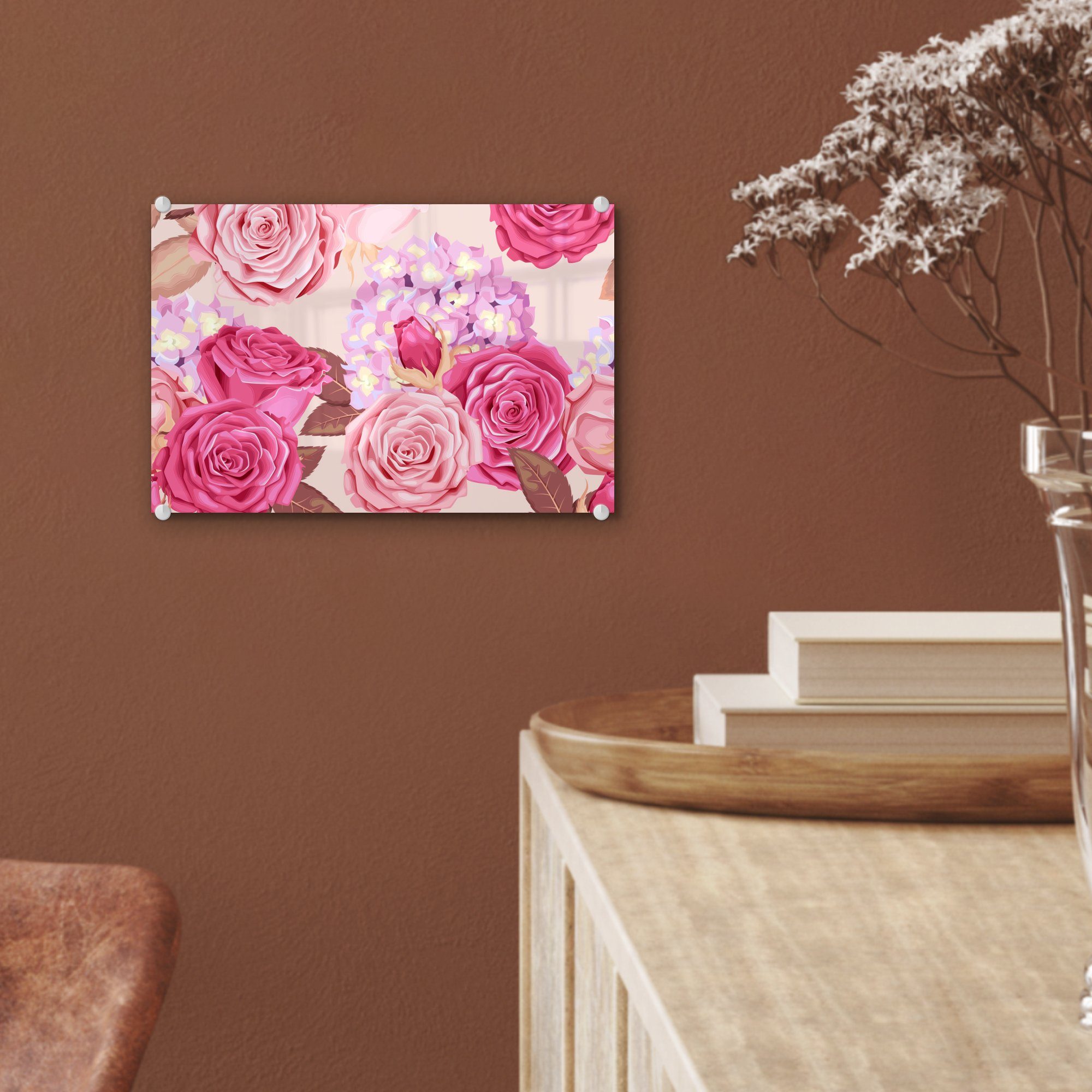 auf Foto Rosa, Glas Bilder - - MuchoWow (1 Glas St), Glasbilder Acrylglasbild - Wandbild auf Hortensien - Blumen Wanddekoration - Rosen -
