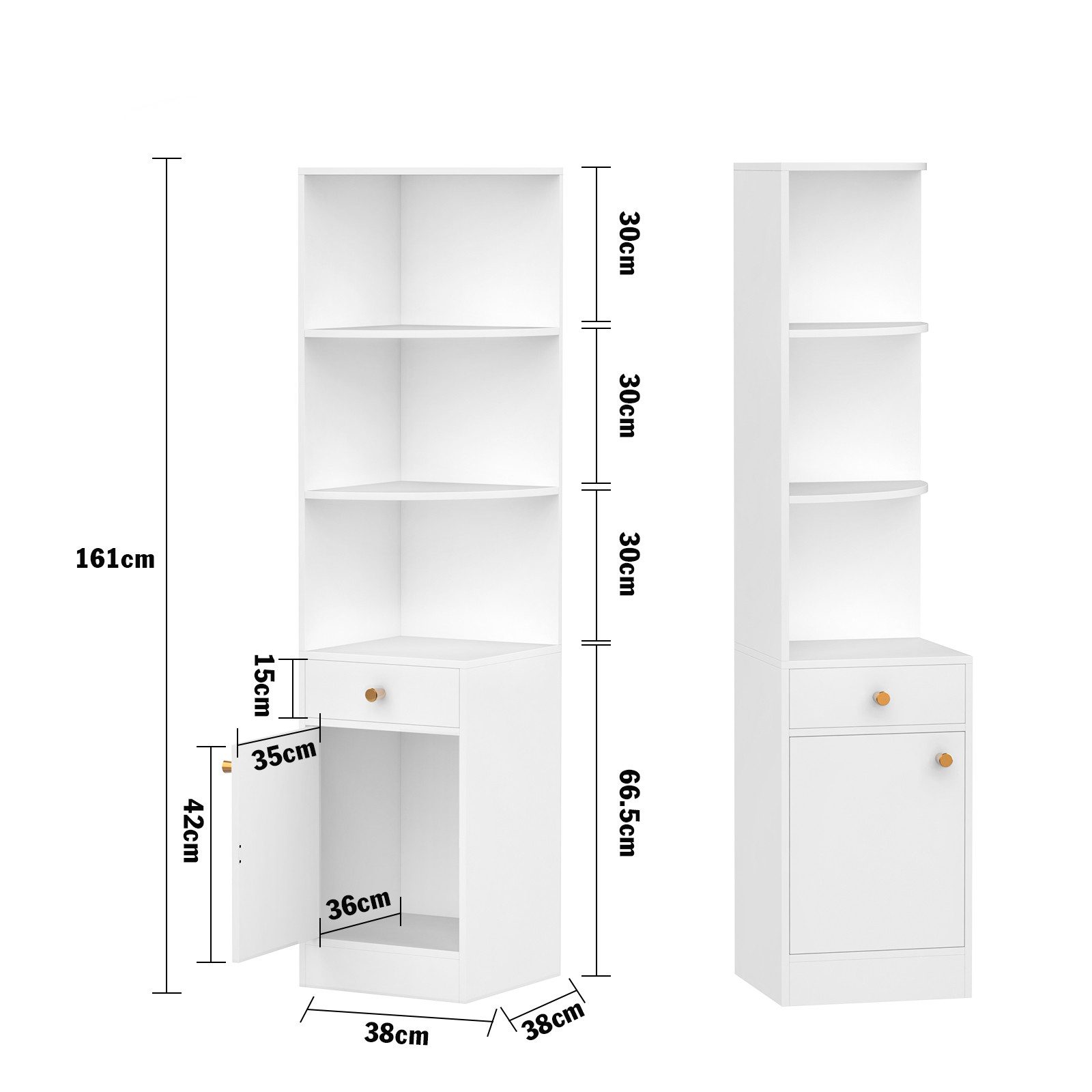 JEOBEST Bücherregal Modernes Eckregal Hochschrank 160cm, Standregal Lagerregal, 1St. 3 Offene Regale Eck-Bücherschrank,1 Schublade,1 Schrank mit Türen – Bild 4 von 5