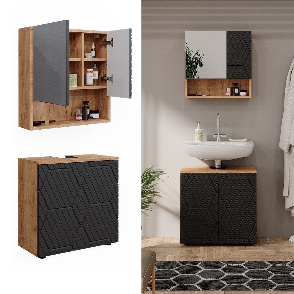 Vicco Badmöbel-Set Irma, Anthrazit mit Wabenstruktur/Goldkraft Eiche, 2 Tei günstig online kaufen