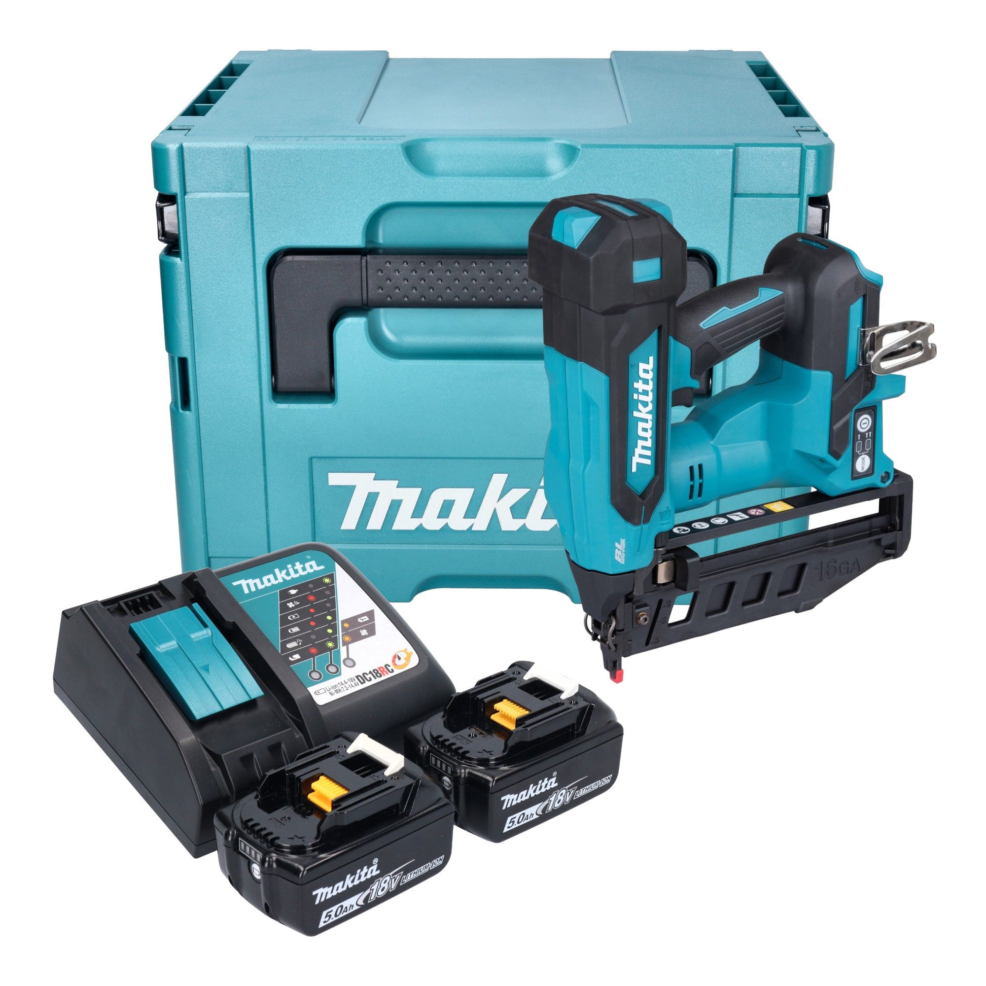 Makita Stauchkopfnagler DBN 601 RTJ 18 V 19 - 64 mm + 2x Akku 5,0 Ah + Ladegerät + Makpac
