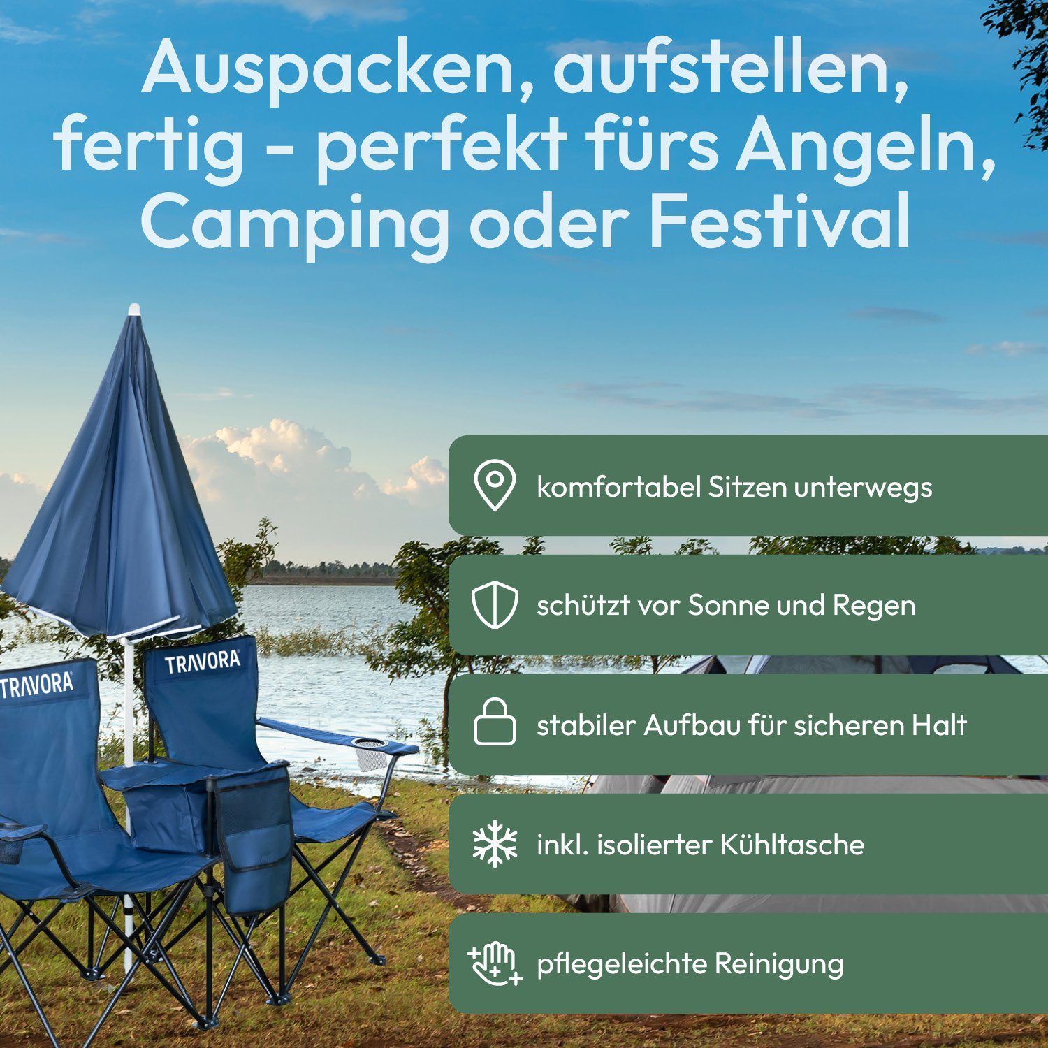 Sonnenschirm Anglerstuhl mit Blau 2er Partner und Campingstuhl Kühlfach MOVAN Campingstuhl