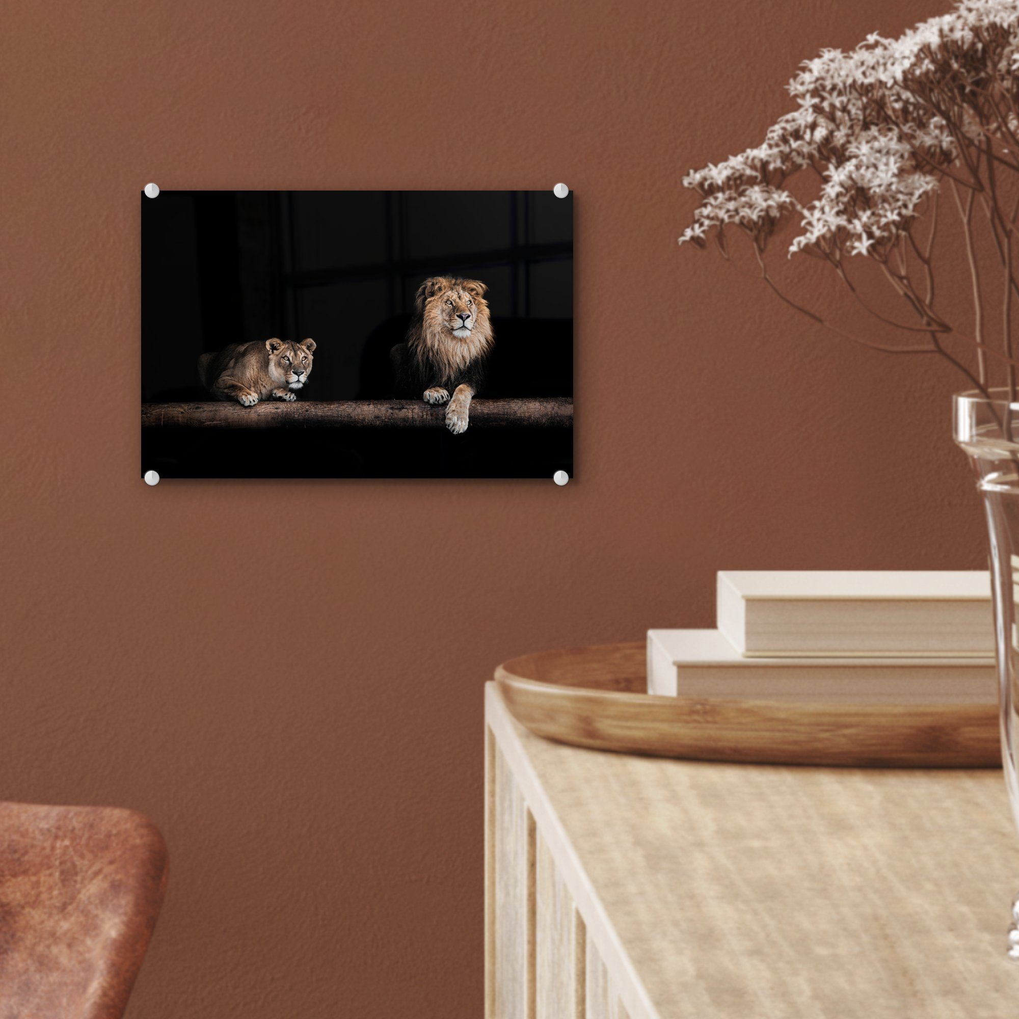 auf Bilder auf - St), Wanddekoration - Wandbild Acrylglasbild (1 Porträt, Licht Glas - Glasbilder MuchoWow - Löwen Glas Foto -