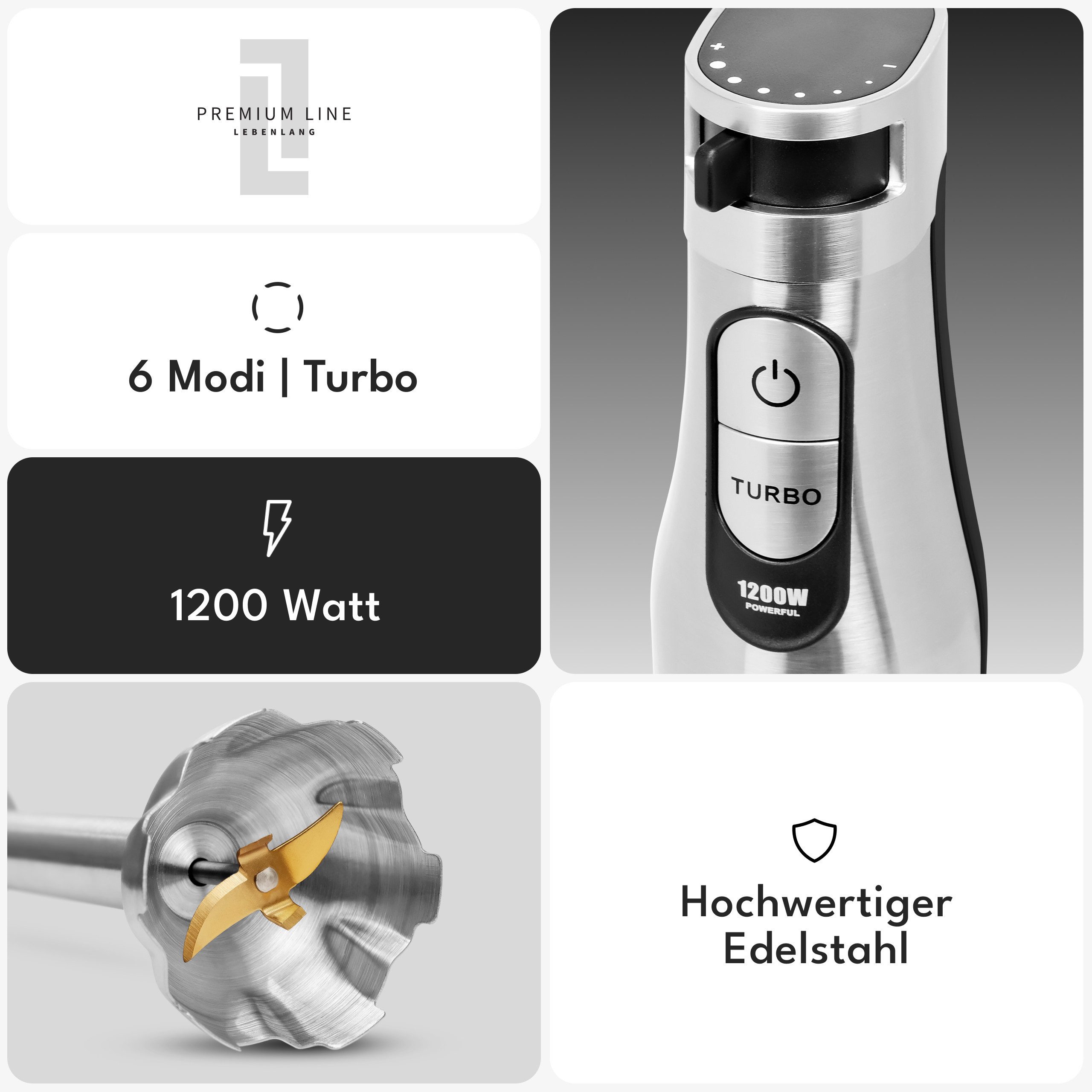 Lebenlang Stabmixer Premium Set aus Edelstahl - Stufenlos verstellbar & Inkl. Aufsätze, 1200 W, Hand Blender Set mit Einhandbedienung, Allrounder in der Küche