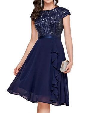 PYL Cocktailkleid Damen Elegant Chiffon A-Linien-Kleid mit Glitzer-Pailletten 34-40 Größe