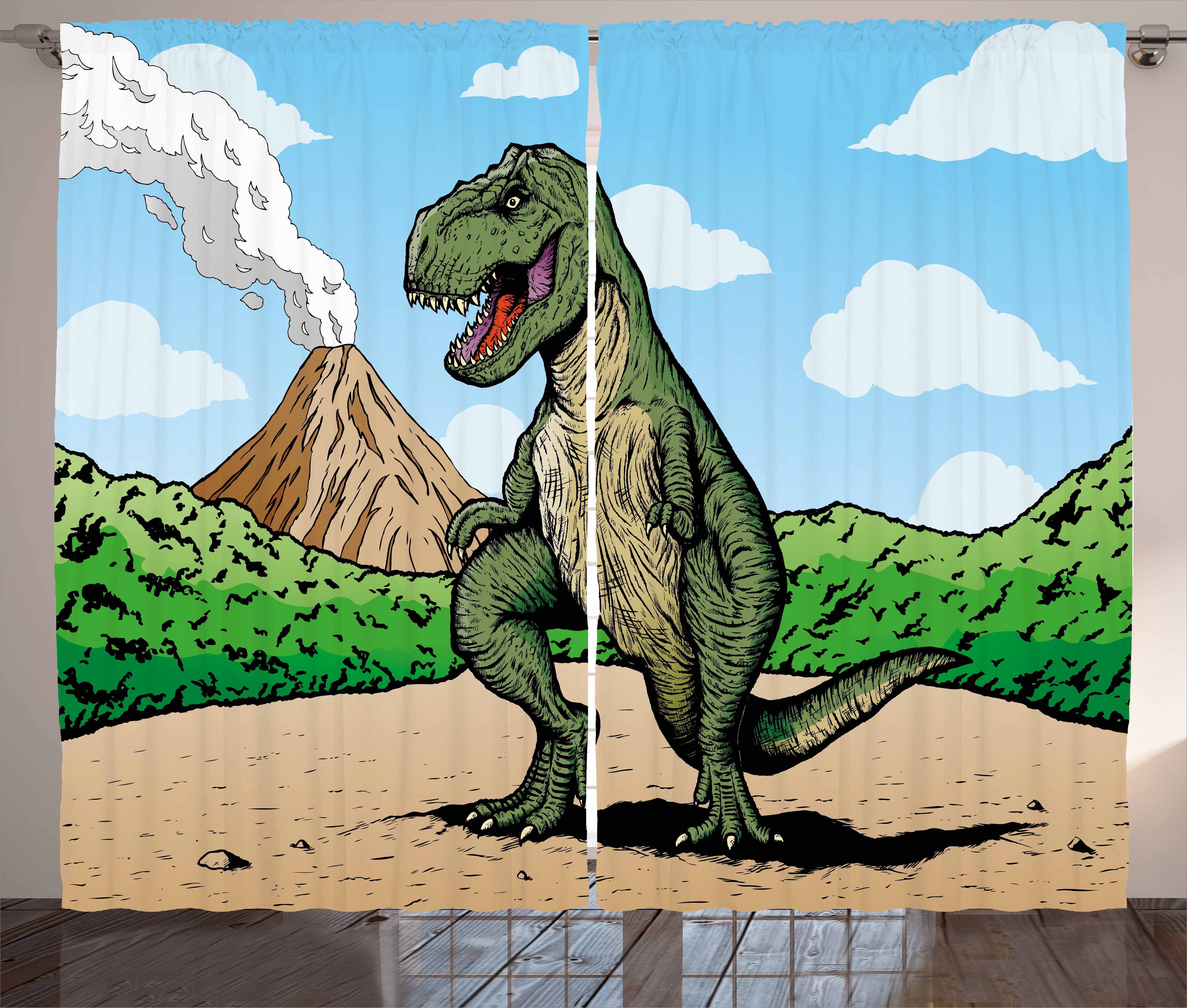 Gardine Schlafzimmer Kräuselband Vorhang mit Schlaufen und Haken, Abakuhaus, Dinosaurier T-Rex Aktiver Vulkan
