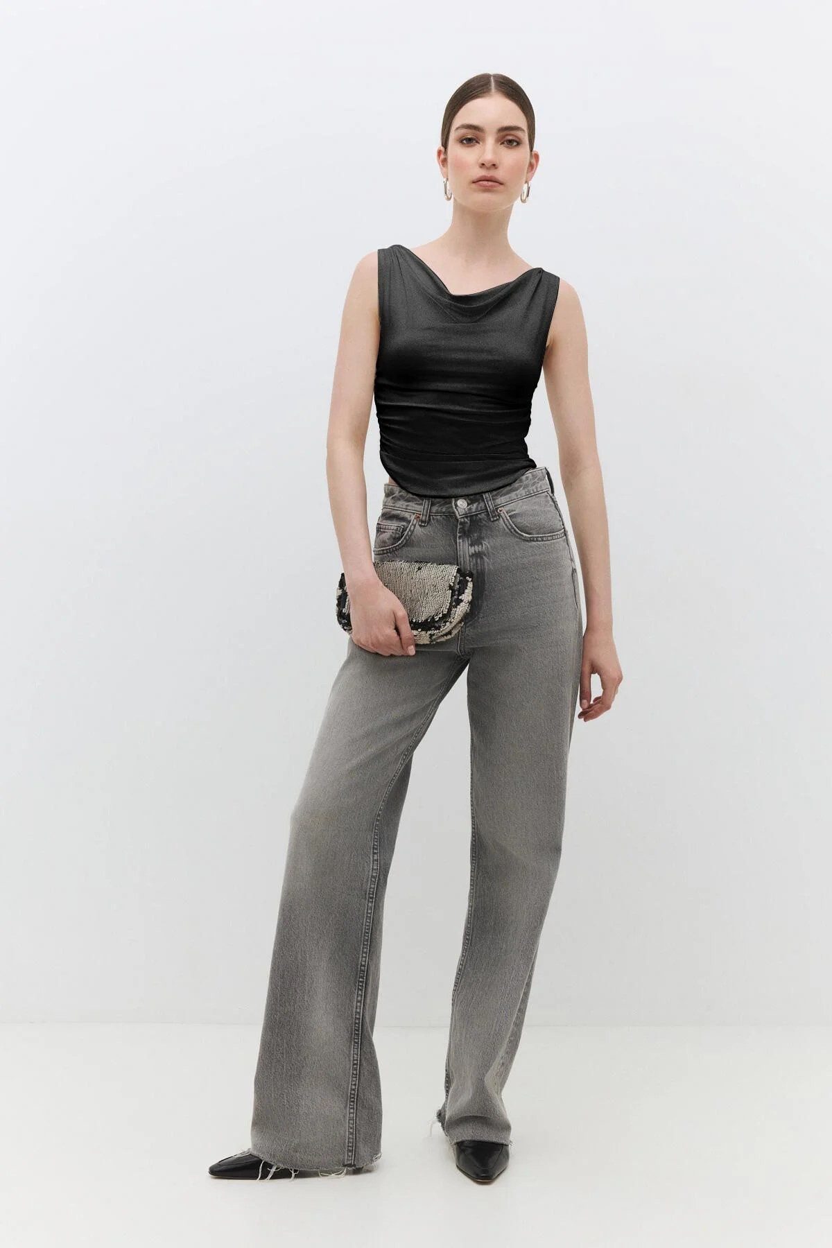 Blusentop Ärmellose Crop-Bluse mit drapiertem Kragen