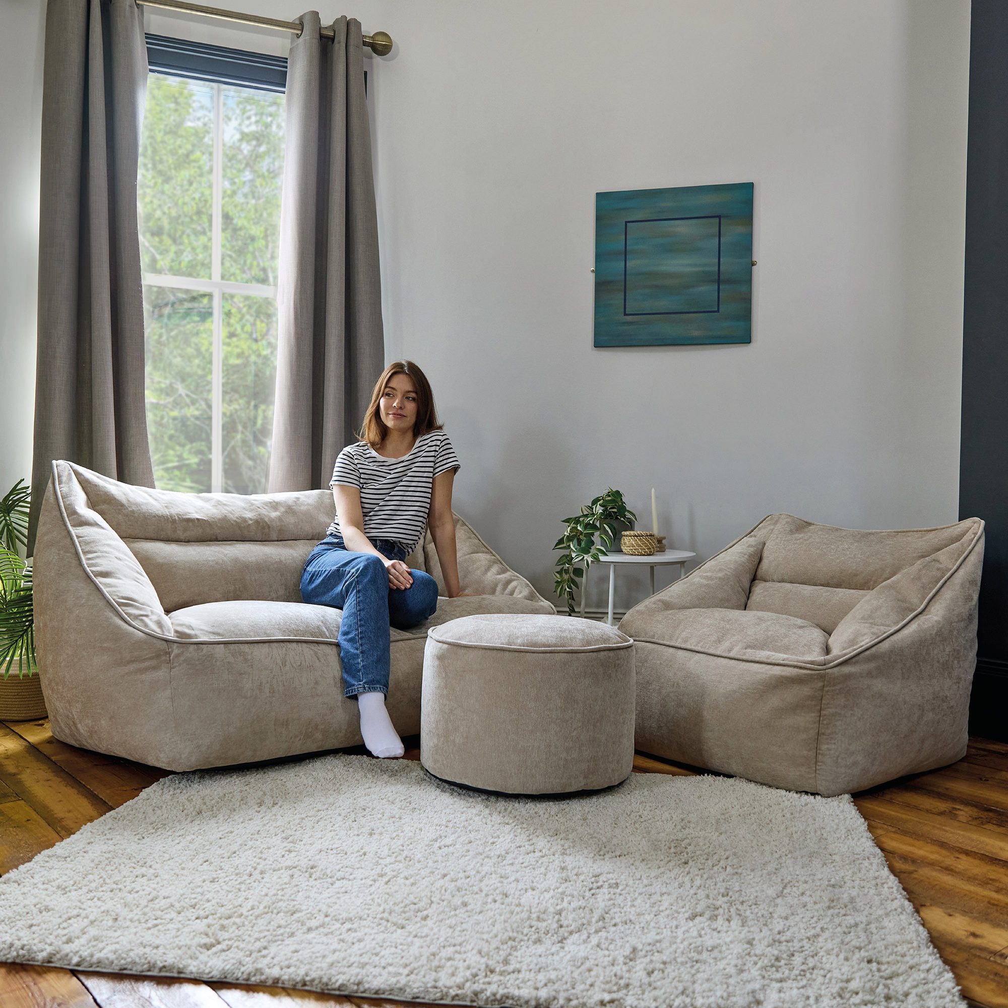 icon Sitzsack Sofa und Sessel aus Chenille „Cecilia" mit und runder Sitzpouf (Spar-Set, 1 x Sofa, 1 x Sessel, 1 x Hocker), Made in Germany, für Erwachsene, Sitzsack XXL