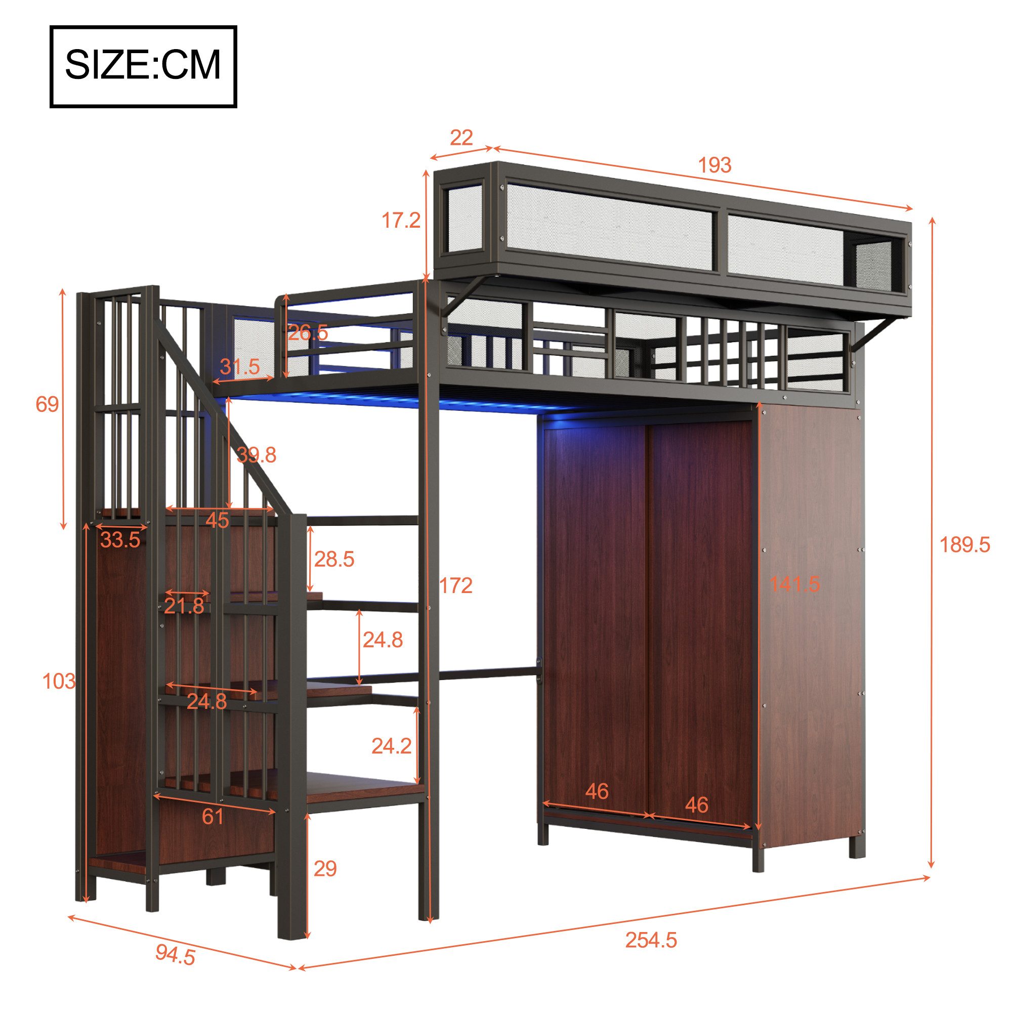 Merax Hochbett 90×200cm mit LED-Beleuchtung (Loftbett, 1-St., Jugendbett Einzelbett Mehrzweckbett) Metallbett Kinderbett mit Kleiderschrank, Stauraumtreppe & Ab – Bild 5 von 5