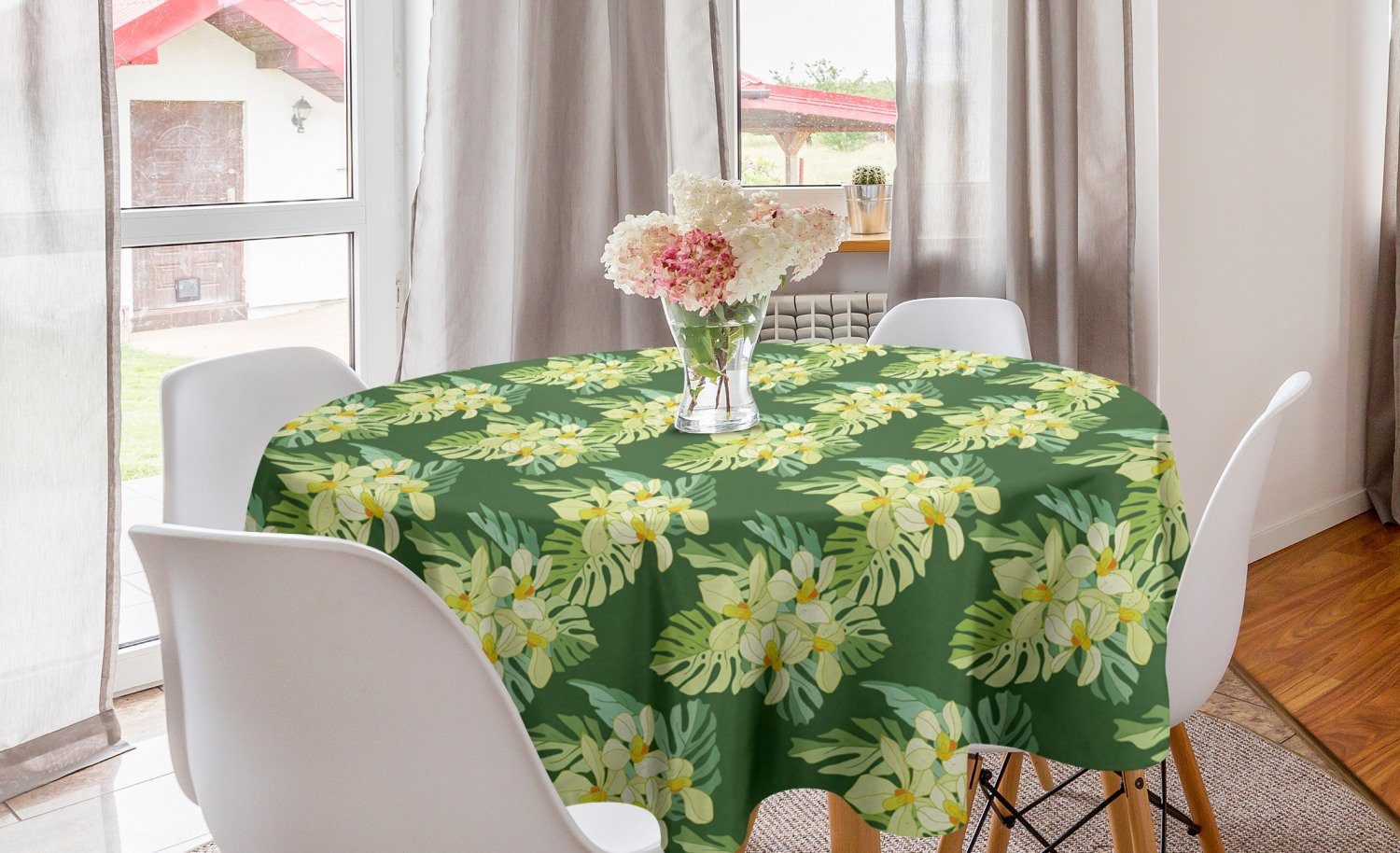 Küche und Blätter Abakuhaus Kreis Blumen Tischdecke Exotische Tischdecke für Esszimmer Dekoration, Abdeckung Tropisch