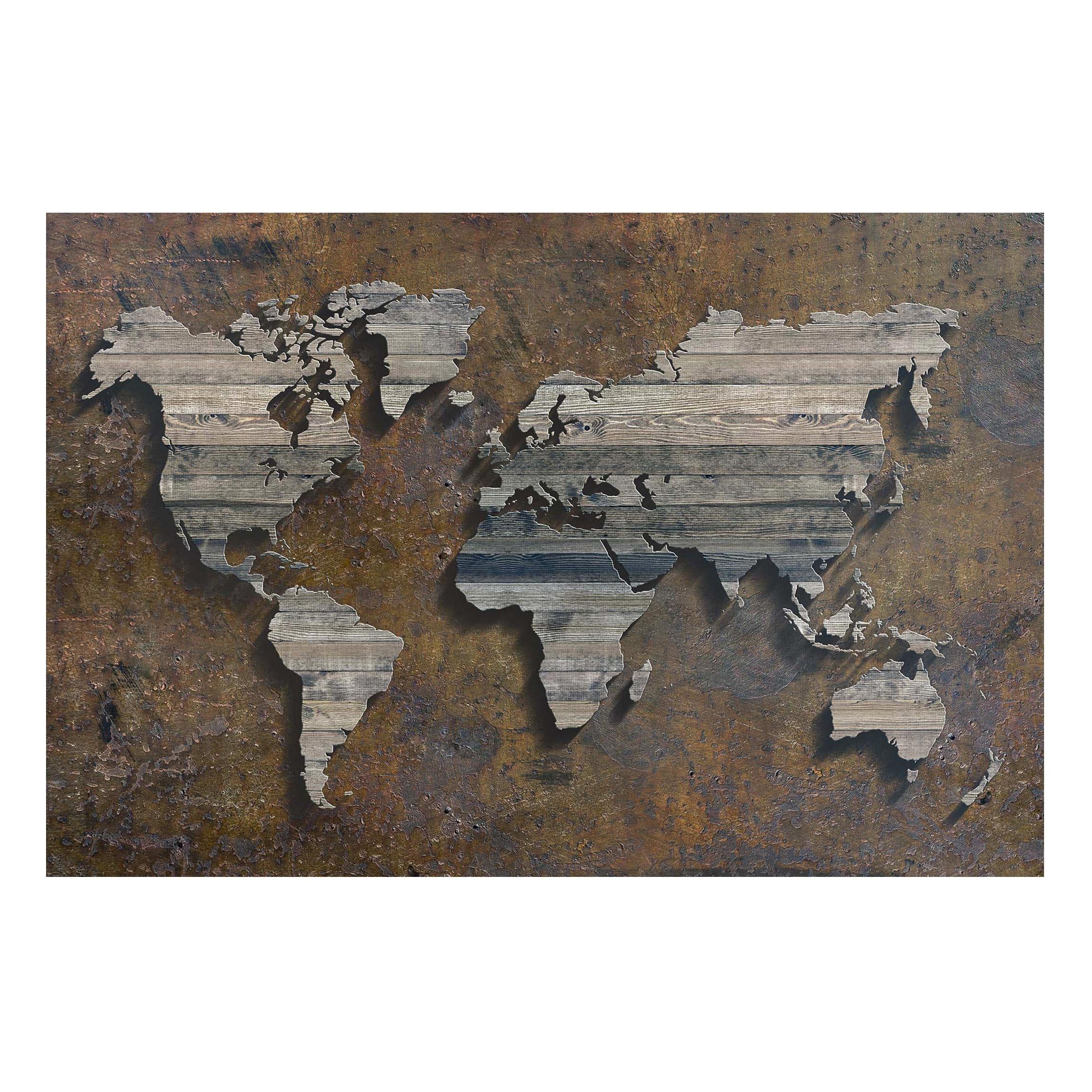 Bilderdepot24 Magnettafel Küche braun Holz Rost Weltkarte, (1-tlg., Magnetboard Pinnwand für die Wand - metallische Tafel für Magnete), Magnetwand groß mit Motiv Büro Memoboard magnetisch Querformat