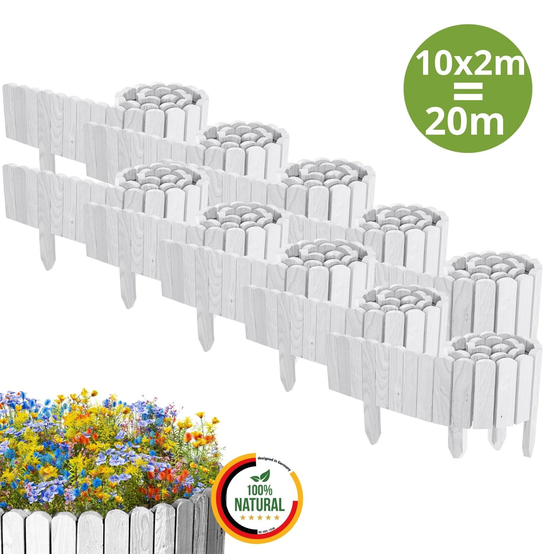 Floranica Palisade Beeteinfassung Beetumrandung Flexibler Holzzaun Rasenkante Steckzaun, LxH: 200x10 cm, 10 Stk., Weiß, Rasenkante Dekozaun Umzäunung für Blumenbeete Teich Wege o Spielplatz