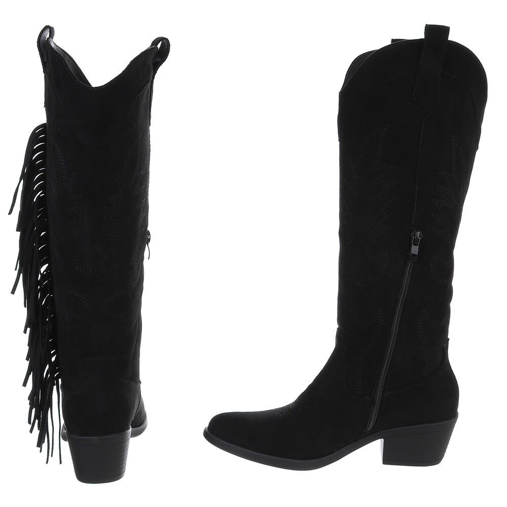 Ital-Design Elegante Damenstiefel mit Fransen für Alltag und Freizeit Westernstiefel (90471226) Blockabsatz Stiefel in Schwarz – Bild 5 von 5