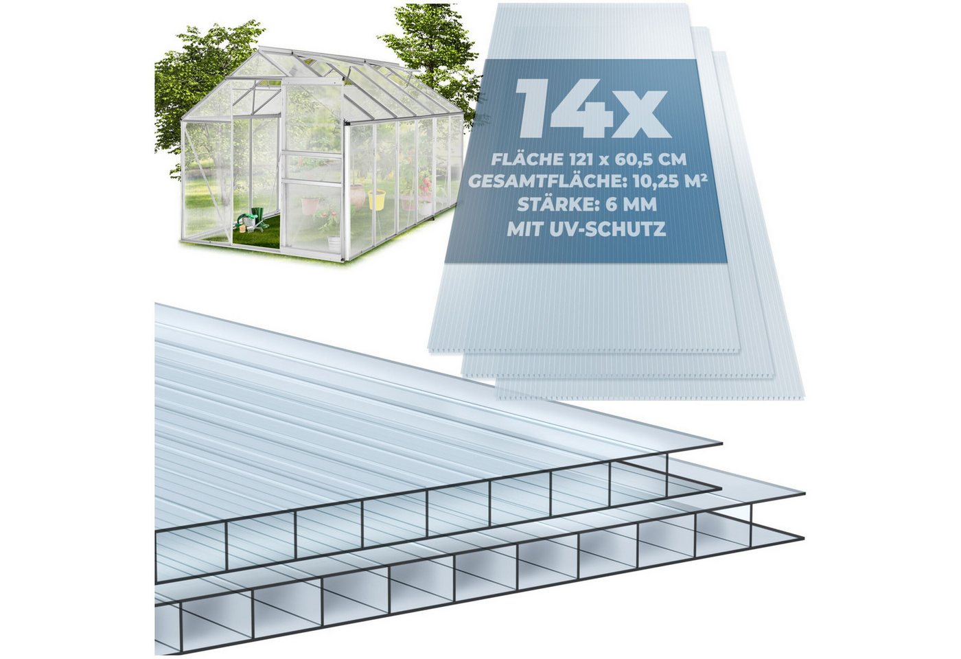 tectake Doppelstegplatte Hohlkammerplatten, UV-beständig, 121 x 60,5 x 0,6 cm je Platte, 0,6 mm, (Polycarbonat Stegplatten Shiny, 14-St., 10,25 m² Gesamtfläche), lichtdurchlässig, wärmedämmend, temperaturresistent, robust