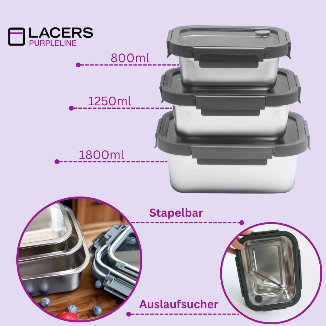 Lacers Vorratsdose Lacers PurpleLine Edelstahl-Vorratsdosen-Set 6-tlg. mit Glasdeckeln, (6-tlg) – Bild 2 von 5