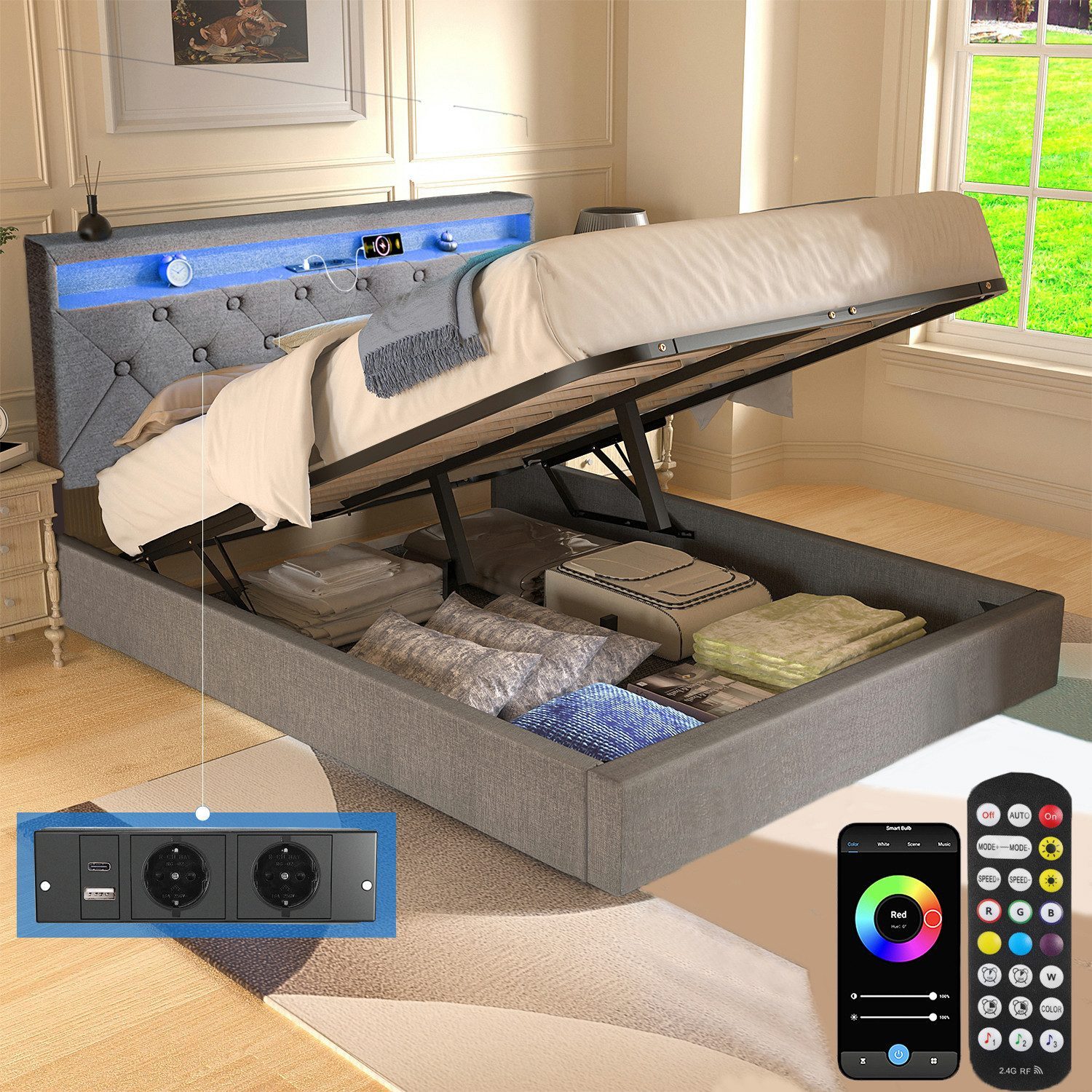 oyajia Polsterbett Doppelbett mit LED Licht 140x200cm,Hydraulisch anhebbare günstig online kaufen