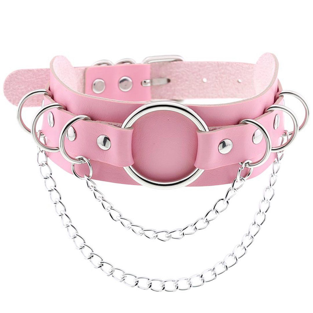 Sandritas Erotik-Halsband Halsband mit O-Ring und Ketten - rosa, silber