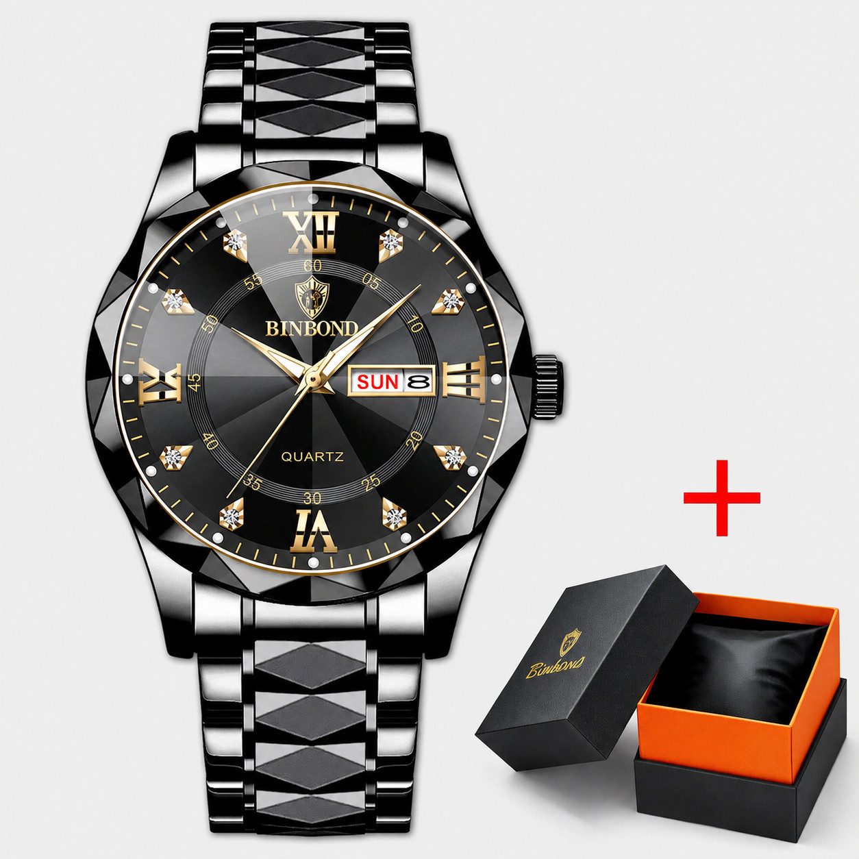 Forrlite Quarzuhr Herrenuhr Edelstahl, Multifunktionsuhr mit Wochentag, Datum, (römischen Ziffern, Leuchtfunktion, 3 ATM), schwarzem Edelstahlarmband, Geschenkbox
