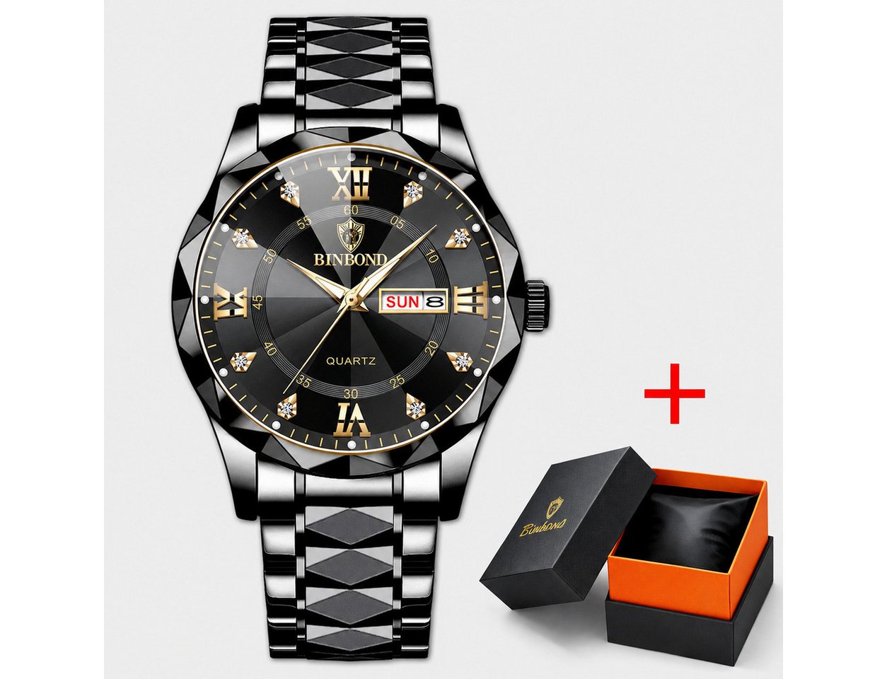 Forrlite Quarzuhr Herrenuhr Edelstahl, Multifunktionsuhr mit Wochentag, Datum, (römischen Ziffern, Leuchtfunktion, 3 ATM), schwarzem Edelstahlarmband, Geschenkbox