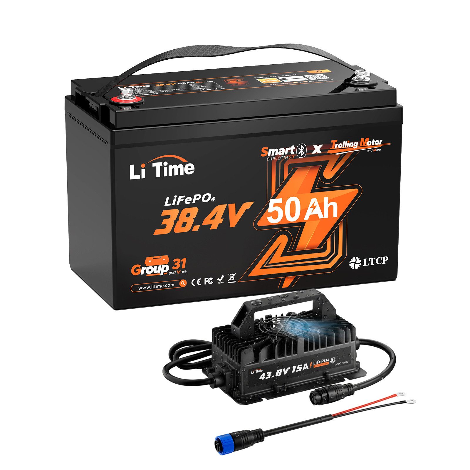 LiTime 36V (43,8V) 15A IP66 wasserdicht Batterieladegerät Akku-Set (36 V, 2 St)