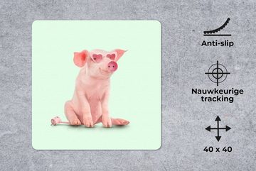 MuchoWow Gaming Mauspad Schwein - Rosa - Brille - Sockel - Tiere (1-St), Mousepad mit Rutschfester Unterseite, Gaming, 40x40 cm, XXL, Großes