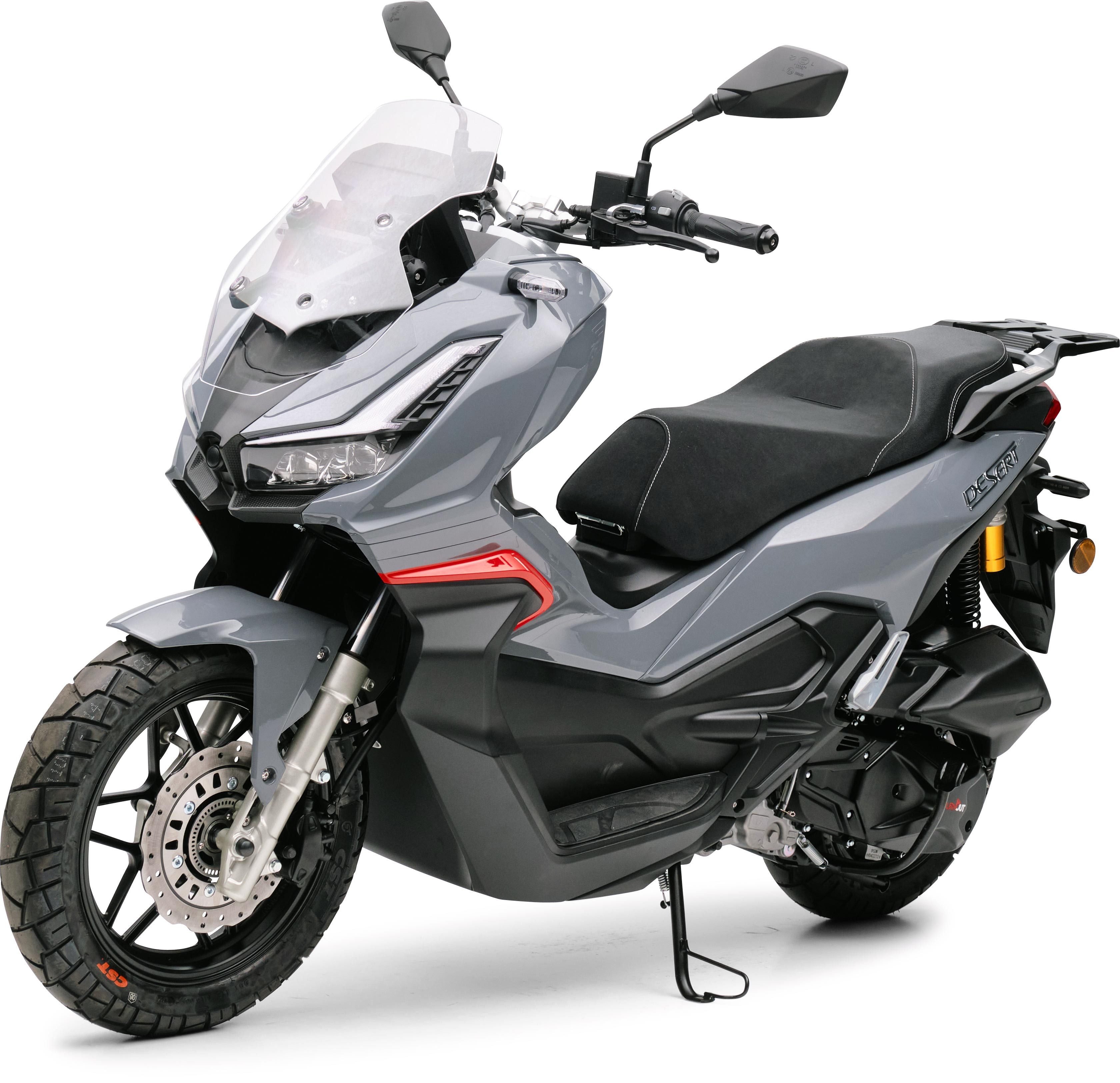 Burnout Motorroller Desert ADV Grau - Sparsamer Euro 5 Roller für Stadt und Land, 125 ccm, 99 km/h, Euro 5, LED Beleuchtung, Digitales 7 Zoll TFT Tacho, Windschild verstellbar
