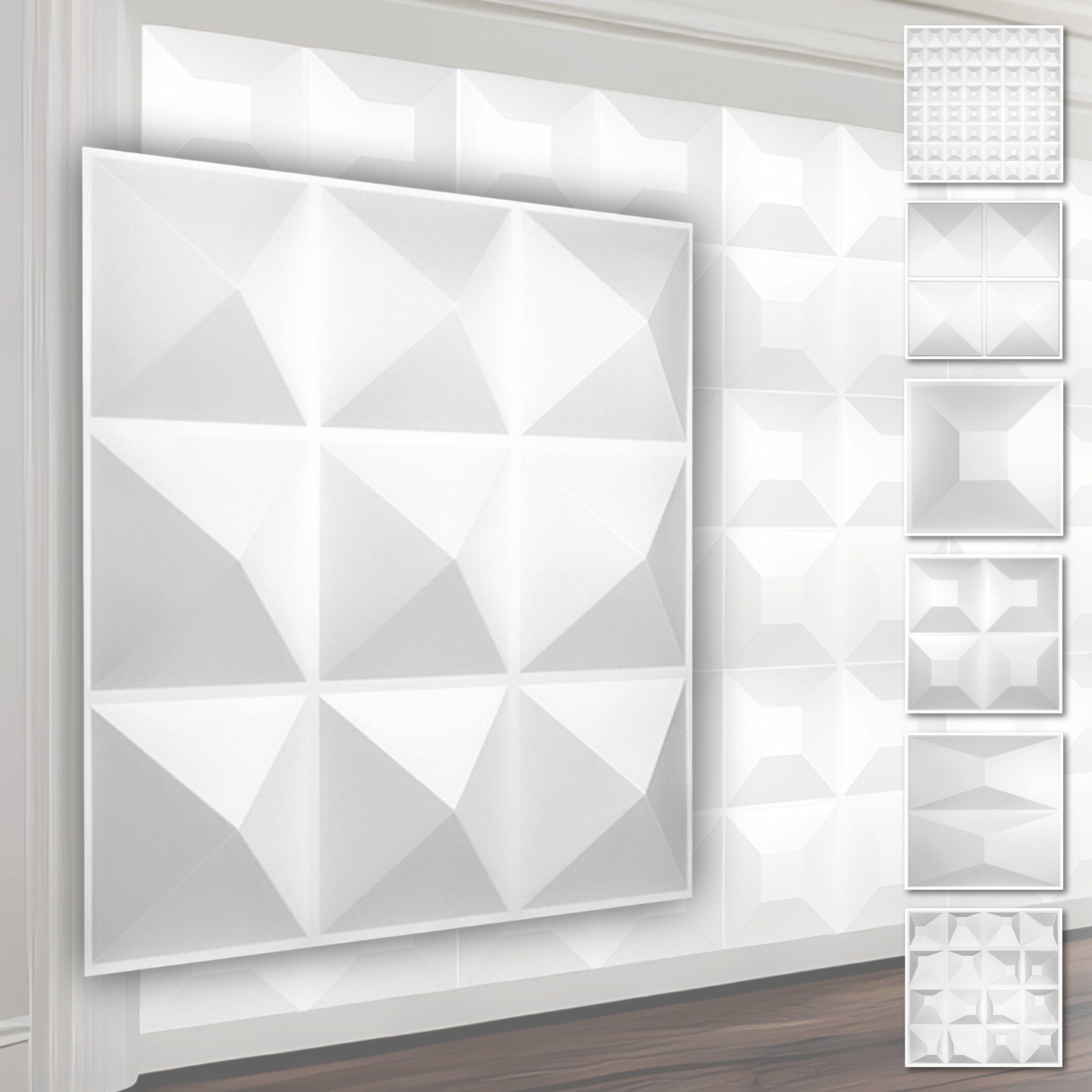 Hexim Wanddekoobjekt HD004 (PVC Kunststoff - weiße Wandverkleidung mit 3D Optik - Pyramiden Motive (0.25 qm 1 Platte) Pyramide Wandverkleidung)