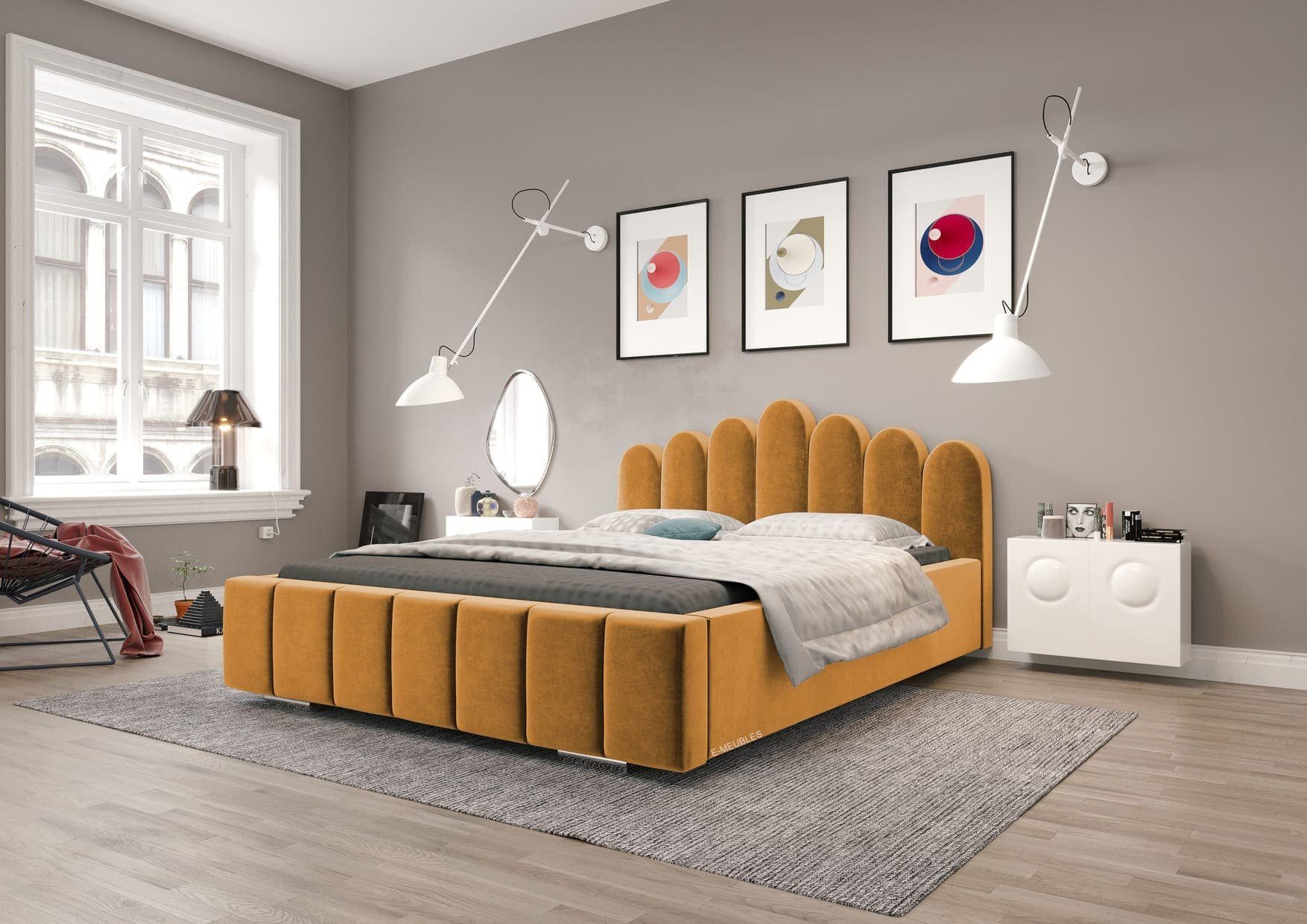 MOEBLO Polsterbett Bett 03 (Double Doppelbett mit Kopfstütze, Rahmenbettgestell, mit Bettkasten und Lattenrost), gepolstertes Kopfteil