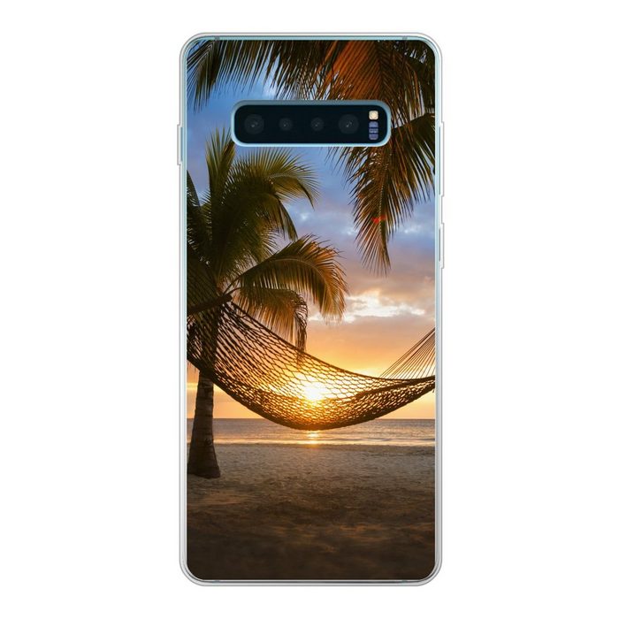 MuchoWow Handyhülle Hängematte am Strand bei Sonnenuntergang in Jamaika Phone Case Handyhülle Samsung Galaxy S10+ Silikon Schutzhülle