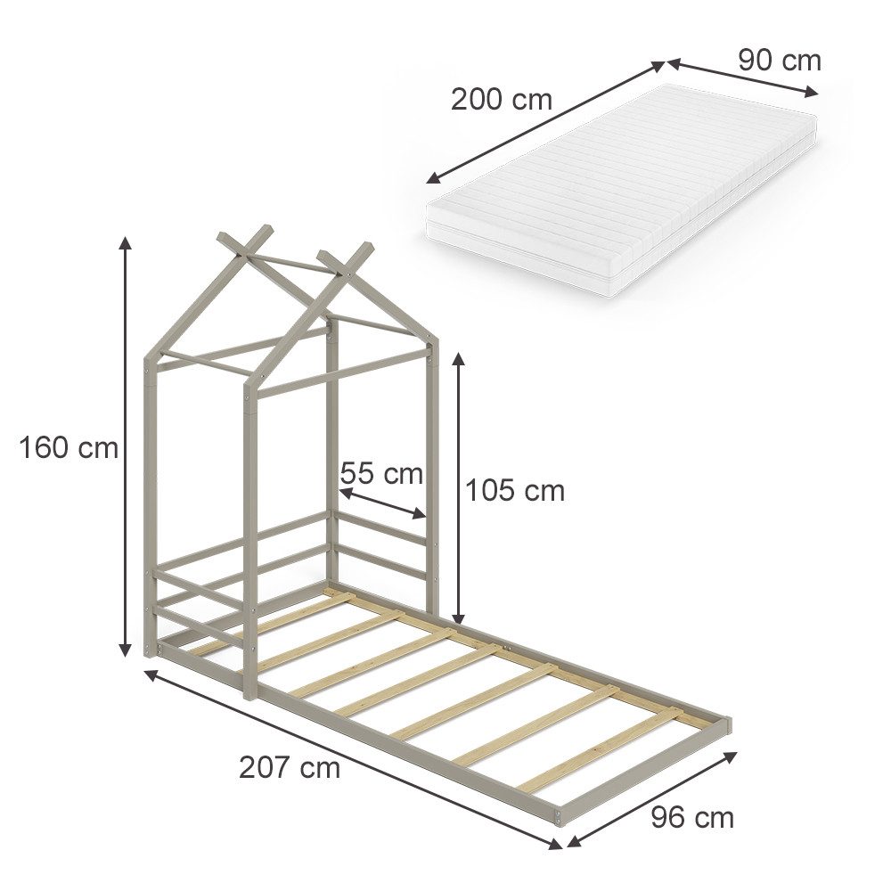 VitaliSpa® Hausbett Roofy, Greige, 90x200 mit Matratze (2-tlg)