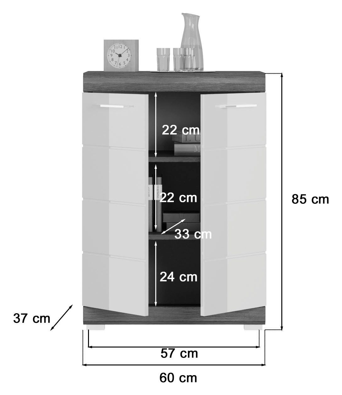 INOSIGN Kommode SIENA, Breite 60 cm, 2 Türen, 2 Einlegeböden, 3 Fächer (hochwertige Rillenfräsung in MDF Front), Schuhkommode, Schuhschrank, Anrichte, Sideboard