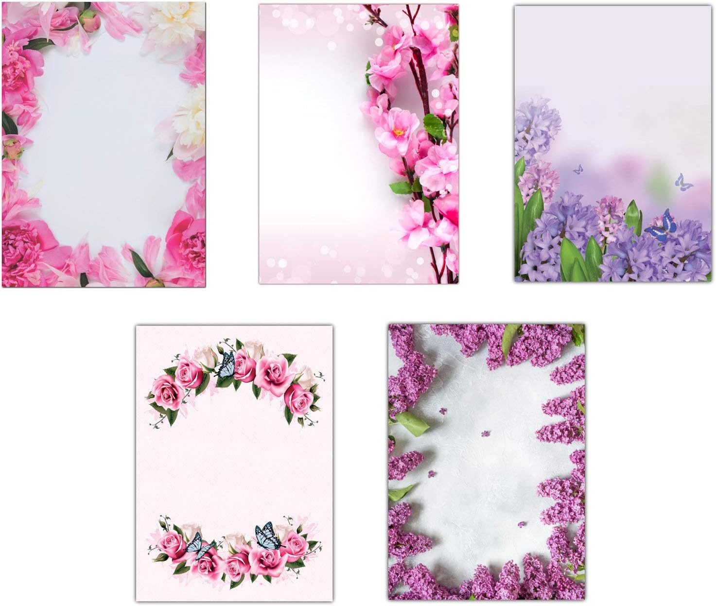 Briefpapier Set Motivpapier Flieder Blumen Blüten Schmetterlinge Rosen (MPA-5232)