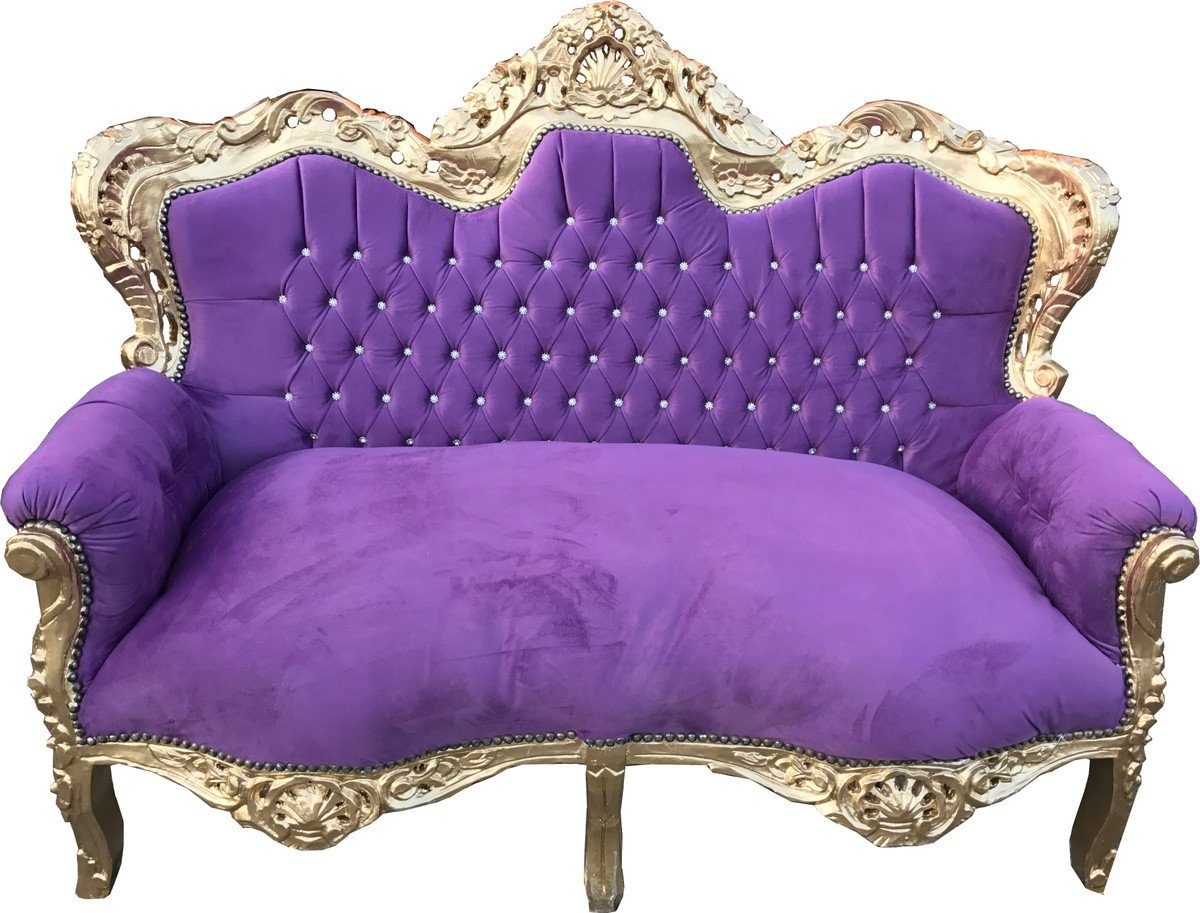 Casa Padrino 2-Sitzer Barock 2er Sofa "Master" mit Bling Bling Glitzersteinen Lila / Gold 160 x 70 x H. 128 cm - Barock Wohnzimmer Möbel