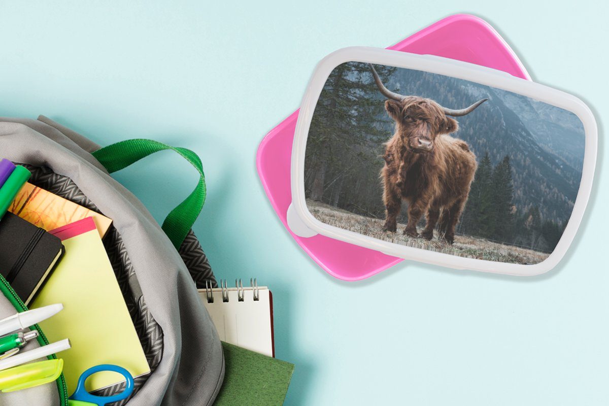 MuchoWow Lunchbox - Snackbox, Kunststoff - Kunststoff, Landschaft Schottische Brotbox - (2-tlg), Mädchen, Erwachsene, - Kuh Brotdose rosa Bäume für Berg Highlander Natur, - Kinder