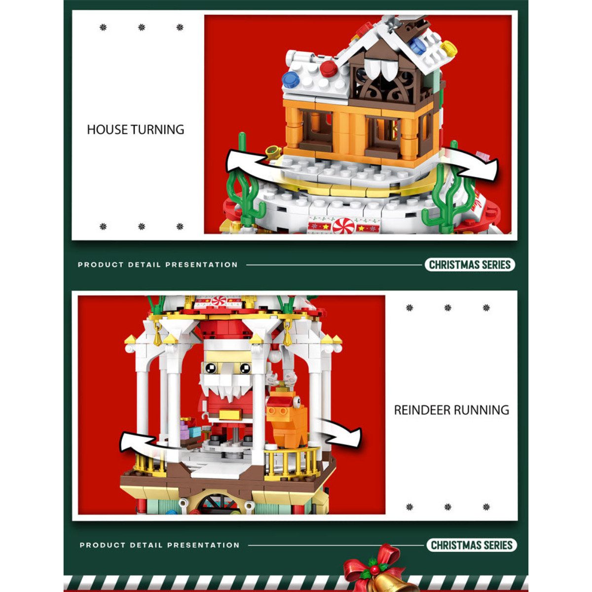 Reobrix 66004 Spielbausteine, (Klemmbaustein Set, 843 St., Bauset), Weihnachtsdorf mit Drehmechanik und integrierter Beleuchtung