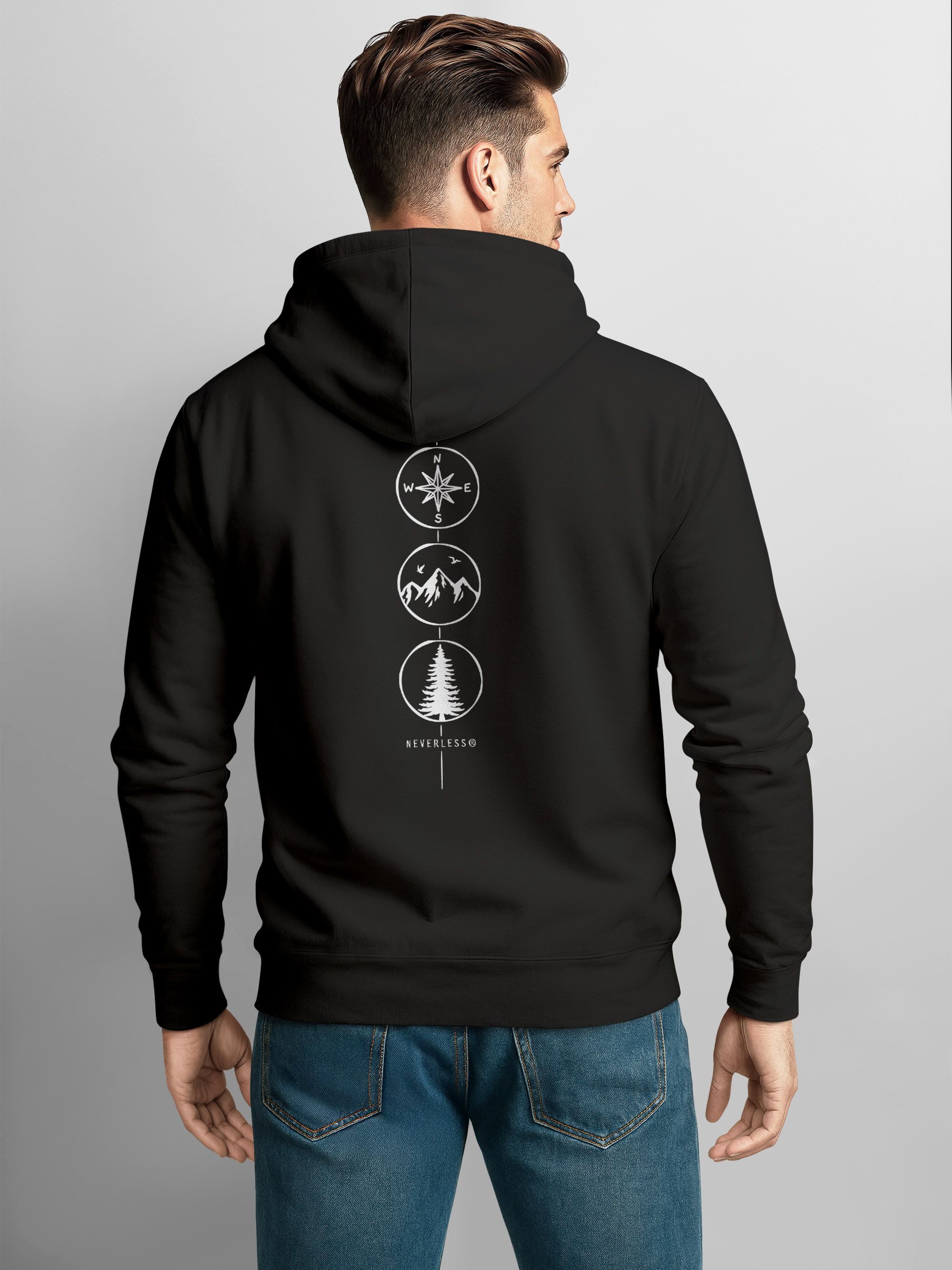 Neverless Hoodie Herren Hoodie Backprint Nature Symbole, Kompass, Berge, Baum