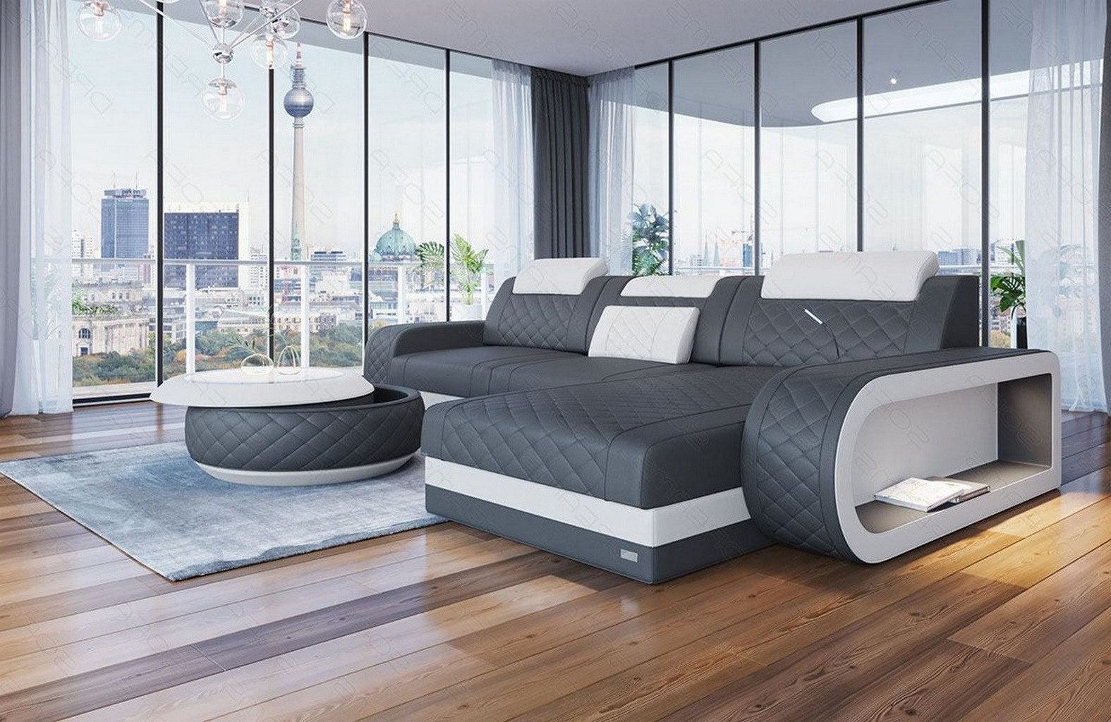 Sofa Dreams Ecksofa Berlin L Form Leder, Ecksofa, Ottomane, LED-Beleuchtung, Breite: 308cm, Zierkissen, 4-Sitzer, USB
