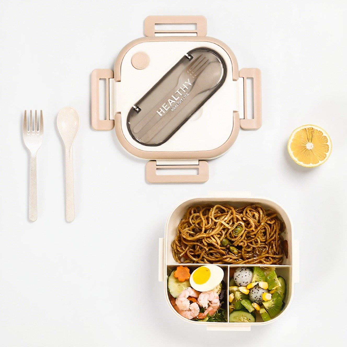 HT Lunchbox Lunch-Behälter (3 Fächer), Auslaufsicher & BPA-frei-mit Besteck, für Kinder und Erwachsene Brotdose mit Fächern