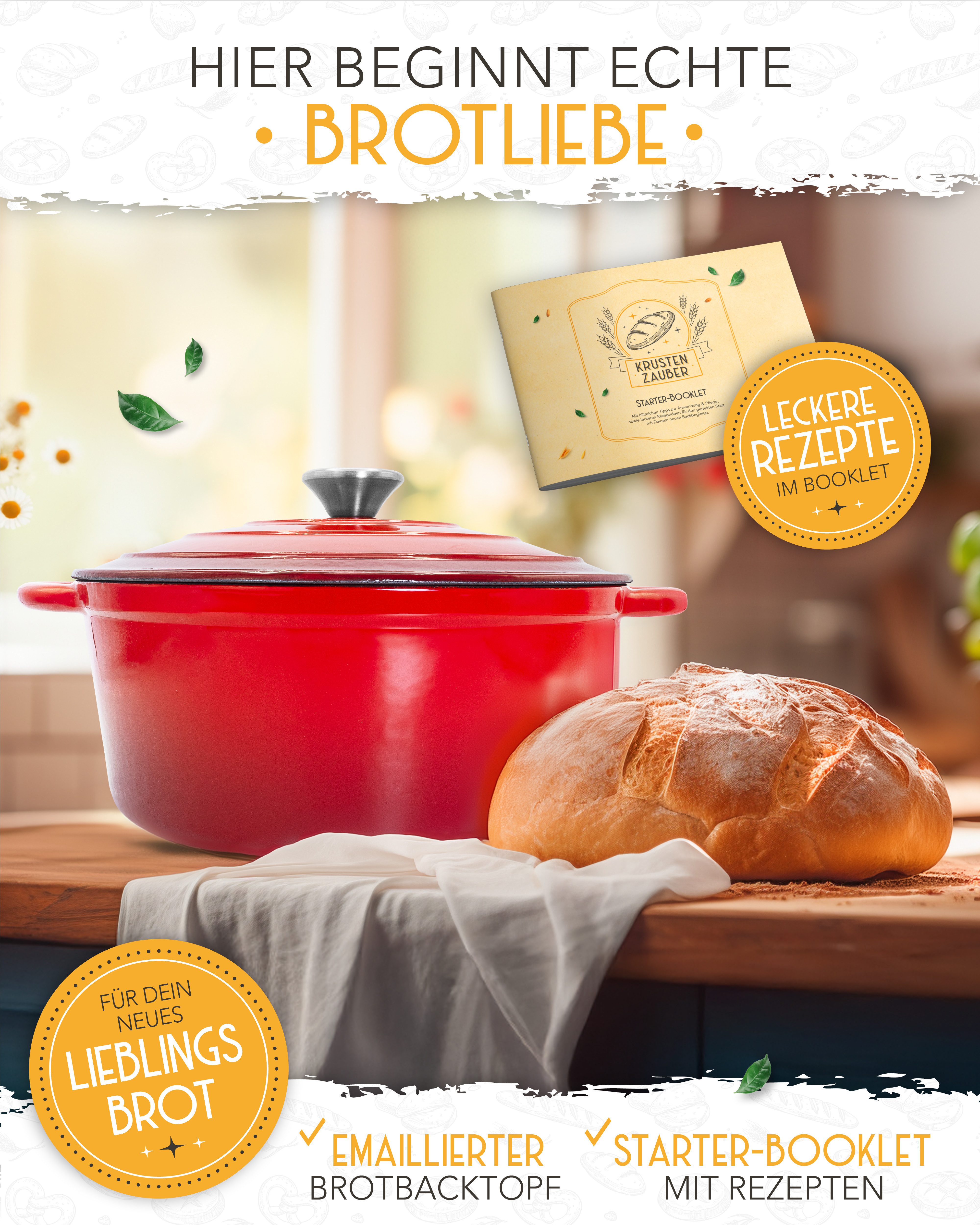 Krustenzauber Kasserolle Gusseisen Topf als Kochtopf, Schmortopf oder Brotbackform