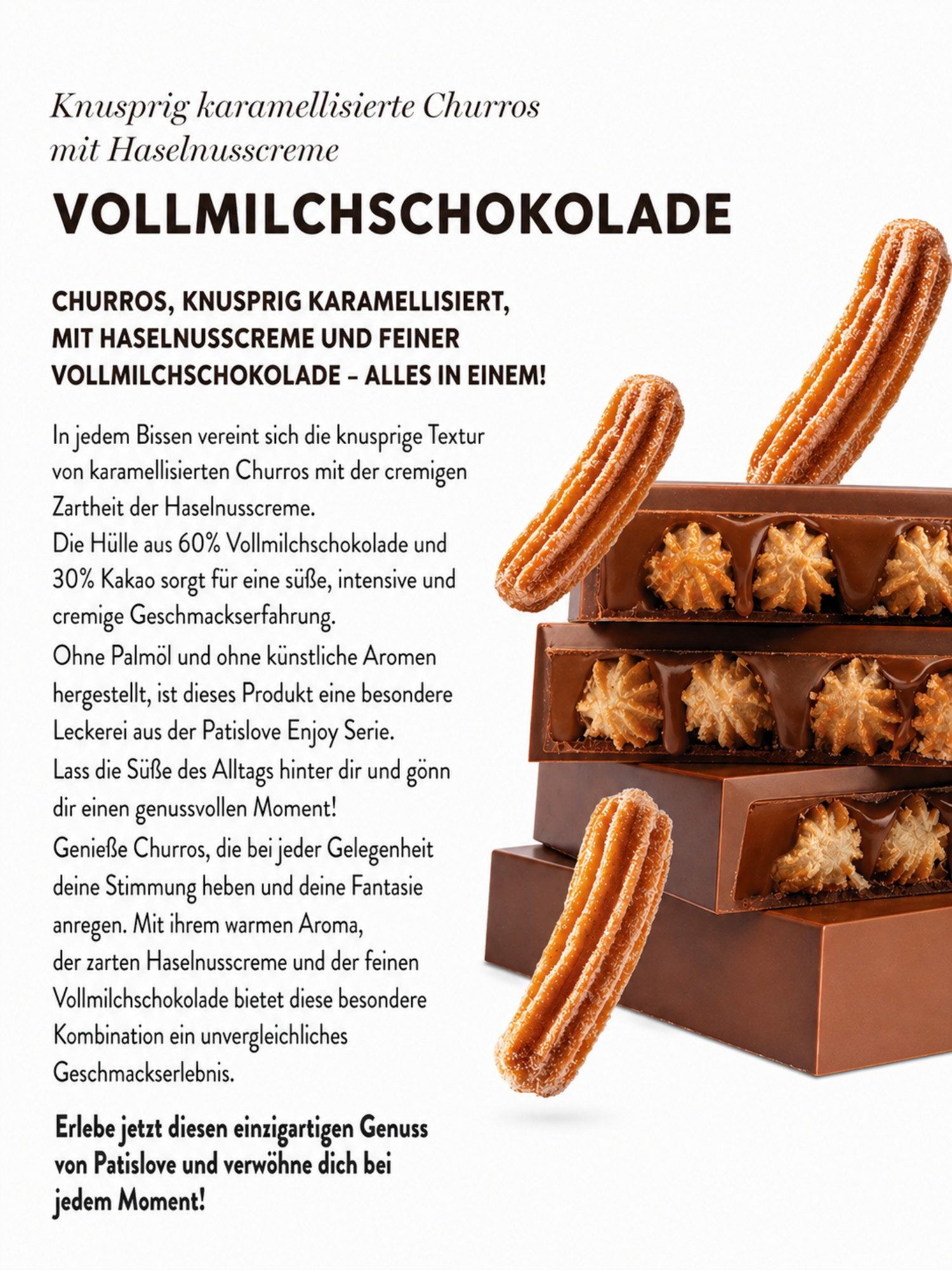 PATISLOVE Schokolade Churros Vollmilchschokolade mit Haselnusscreme 100g, ohne Konservierungsstoffe, ohne Farbstoffe, mit Haselnusscreme – Bild 5 von 5
