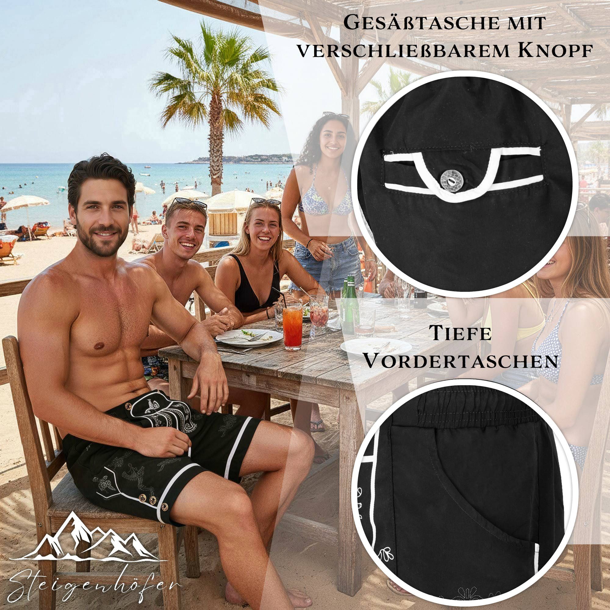 Steigenhöfer Manufaktur Trachtenhose Badehose Herren - Xaver - Lederhosen Look - Trachten Badehose Bequem mit Netzinnenhose - Umklappbarer Latz - Badeshorts mit Taschen