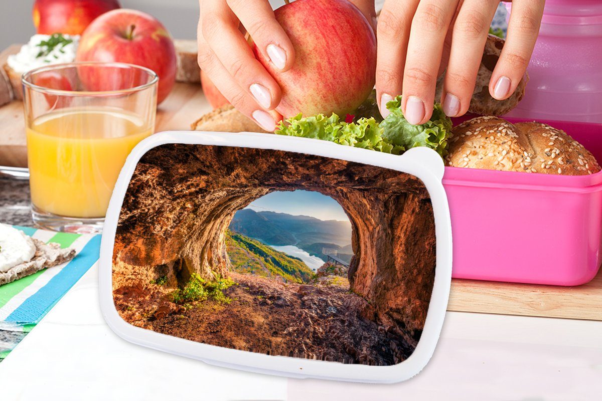 Kunststoff - Brotdose Lunchbox MuchoWow - - Berg Kinder, rosa Höhle für (2-tlg), Mädchen, Kunststoff, Landschaft Brotbox Natur, Snackbox, Erwachsene,